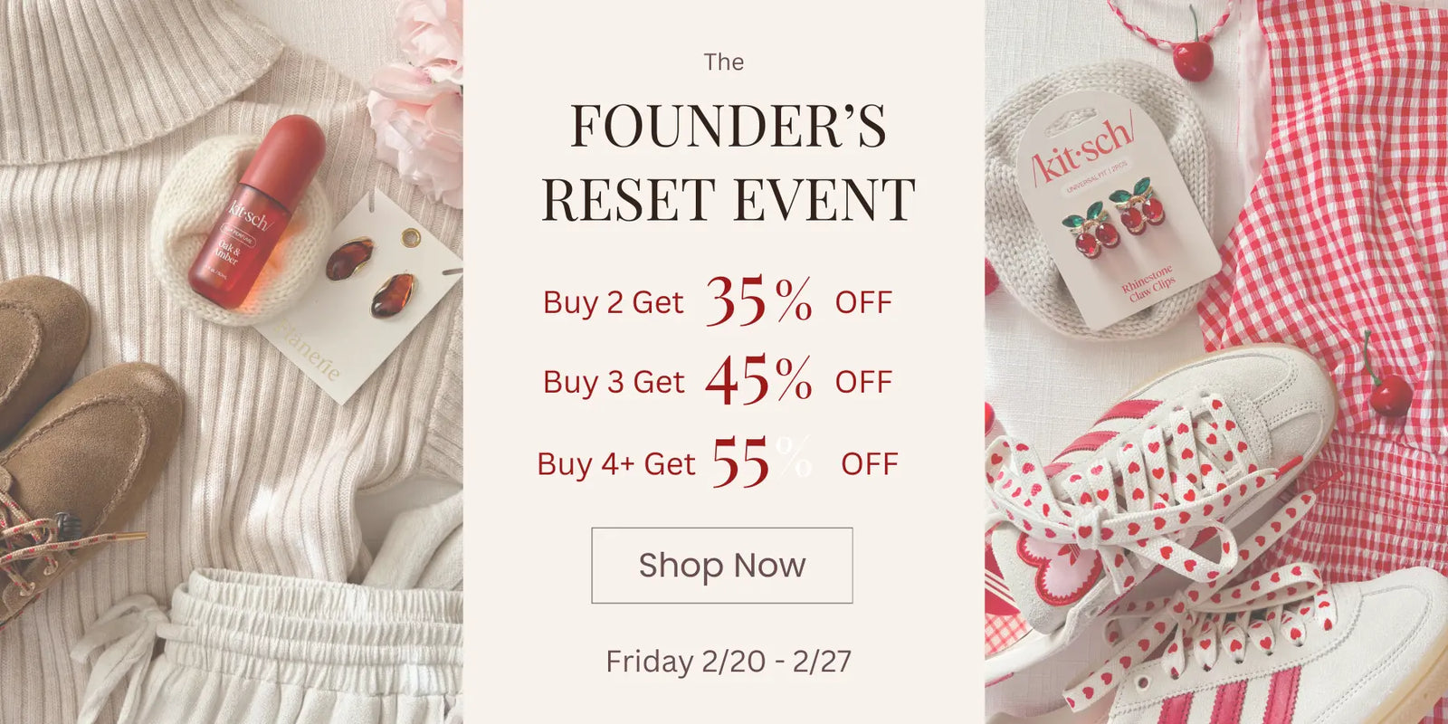 Blooming Daily Founder’s Reset Event banner featuring cream knit sweater, linen pants, red gingham top, heart lace sneakers, jewelry, and Kitsch hair perfume with tiered savings up to 55% off