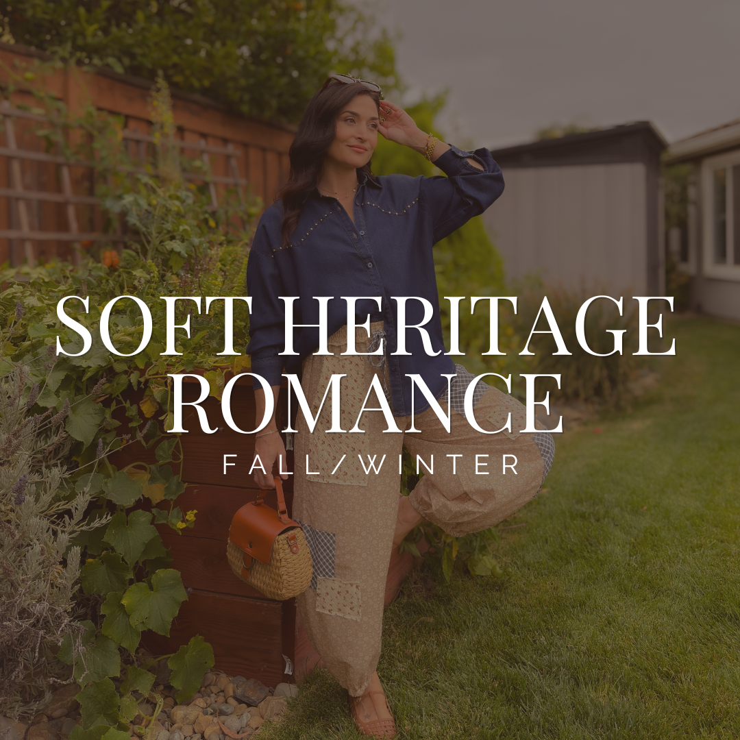 Blooming Daily fall and winter collection graphic featuring a woman in a dark denim shirt and neutral patchwork balloon pants with text reading “Soft Heritage Romance Fall/Winter.
