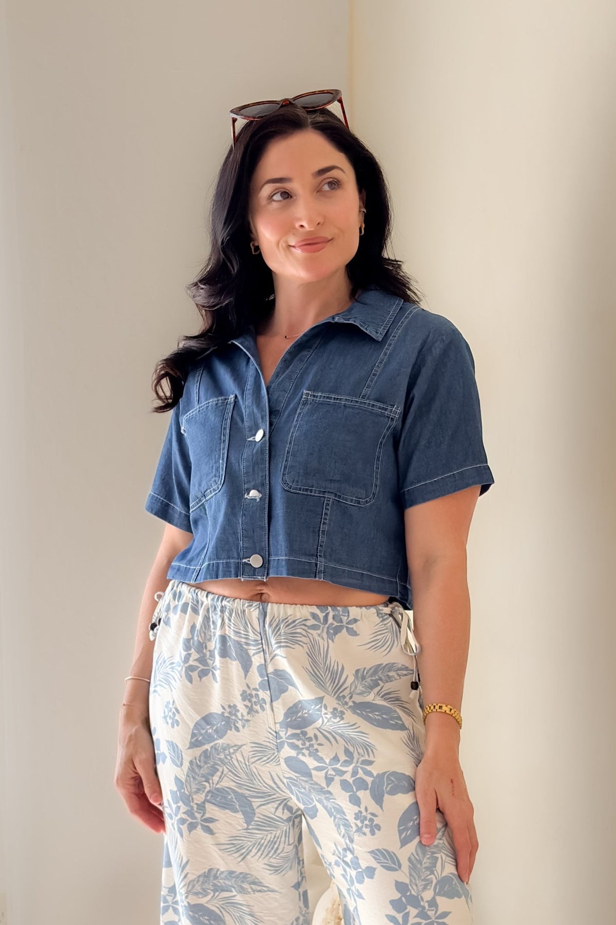 Blue Denim Cropped Button Down Top - Shirts & Tops - Blooming Daily