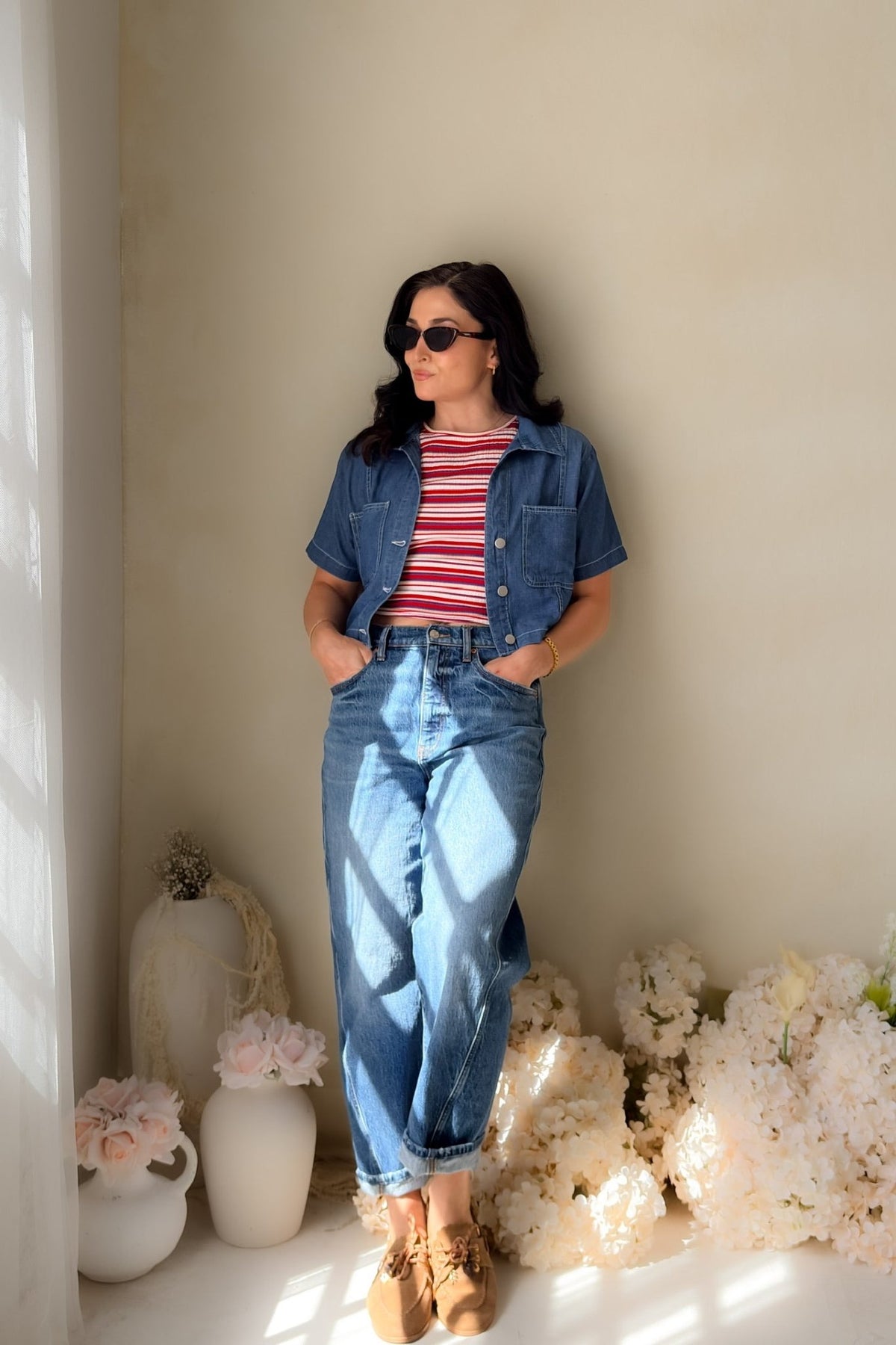 Blue Denim Cropped Button Down Top - Shirts & Tops - Blooming Daily