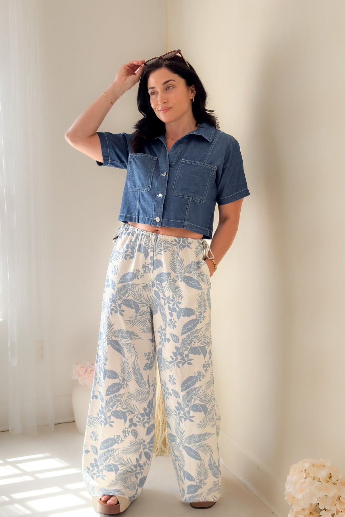 Blue Denim Cropped Button Down Top - Shirts & Tops - Blooming Daily