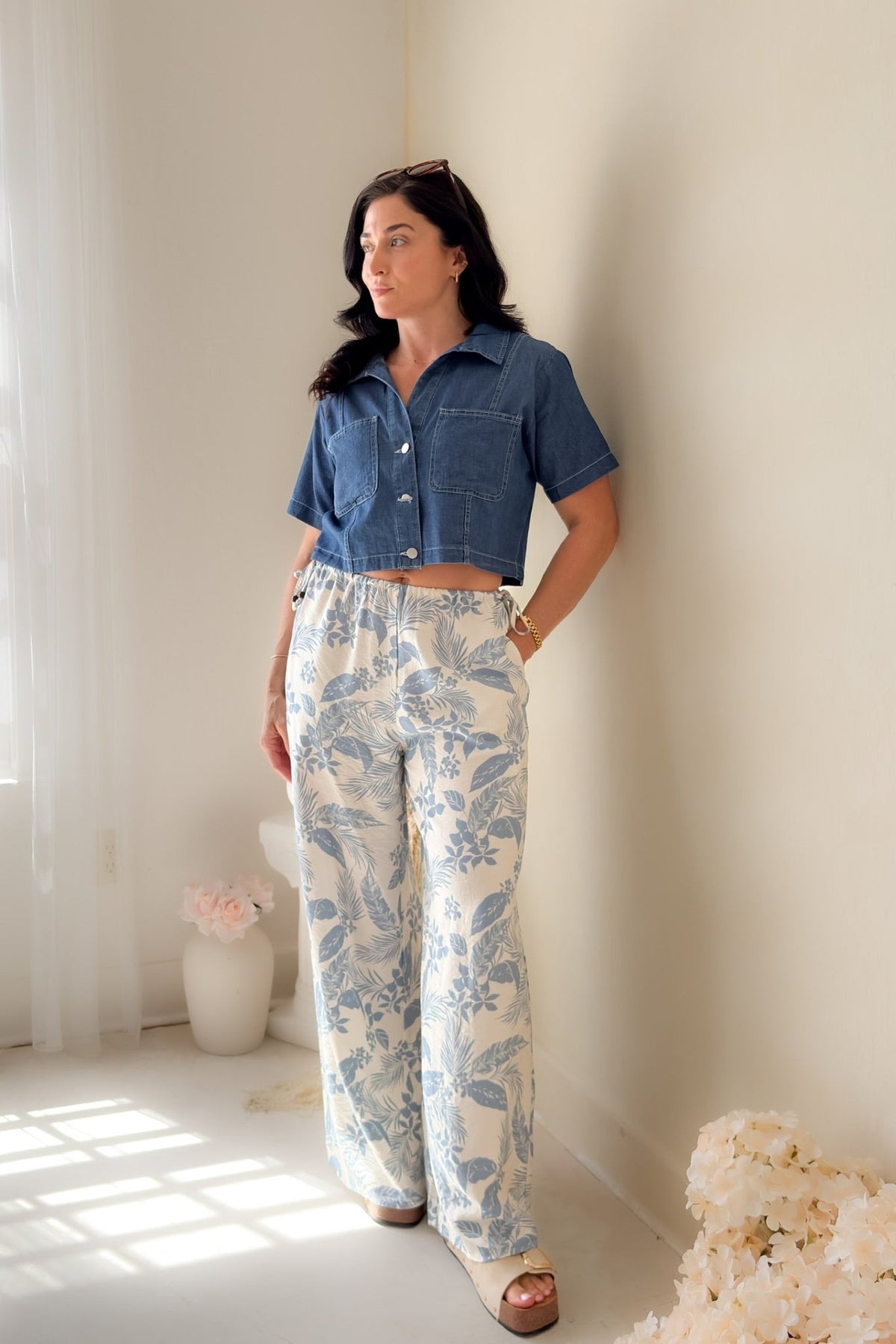 Blue Denim Cropped Button Down Top - Shirts & Tops - Blooming Daily