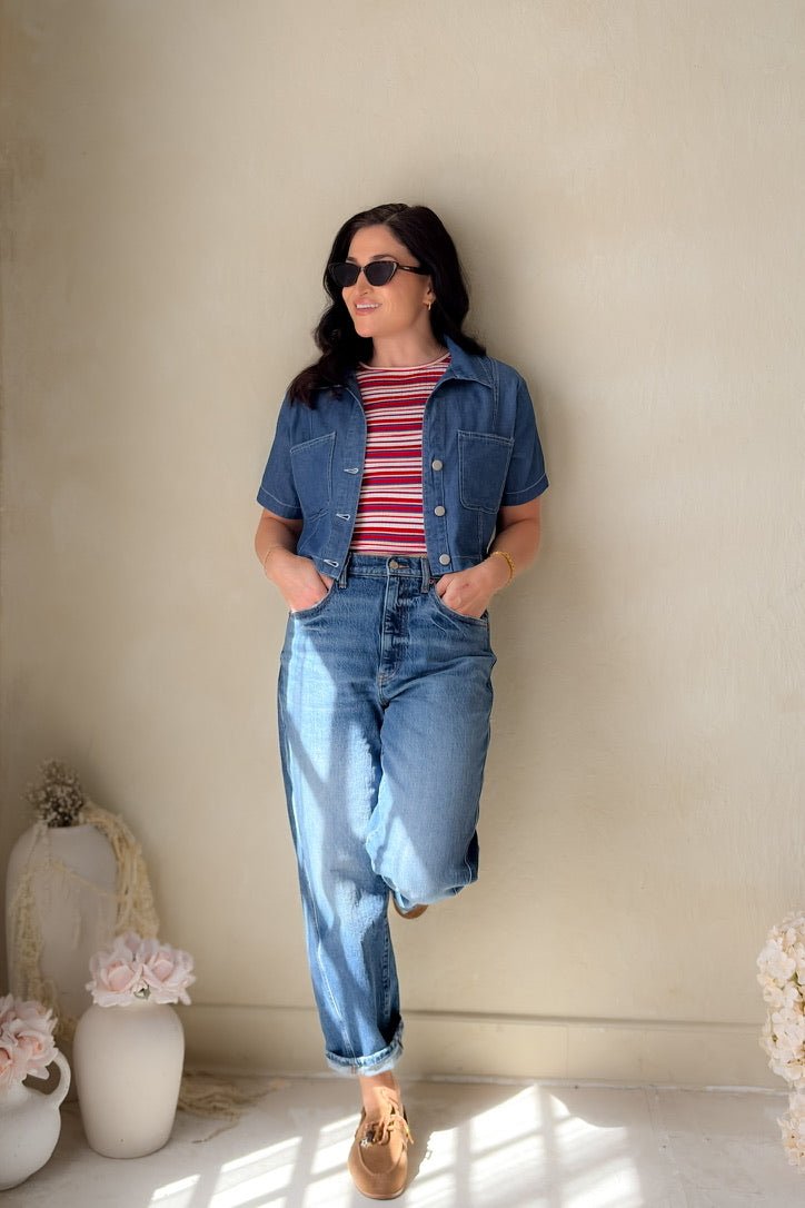 Blue Denim Cropped Button Down Top - Shirts & Tops - Blooming Daily