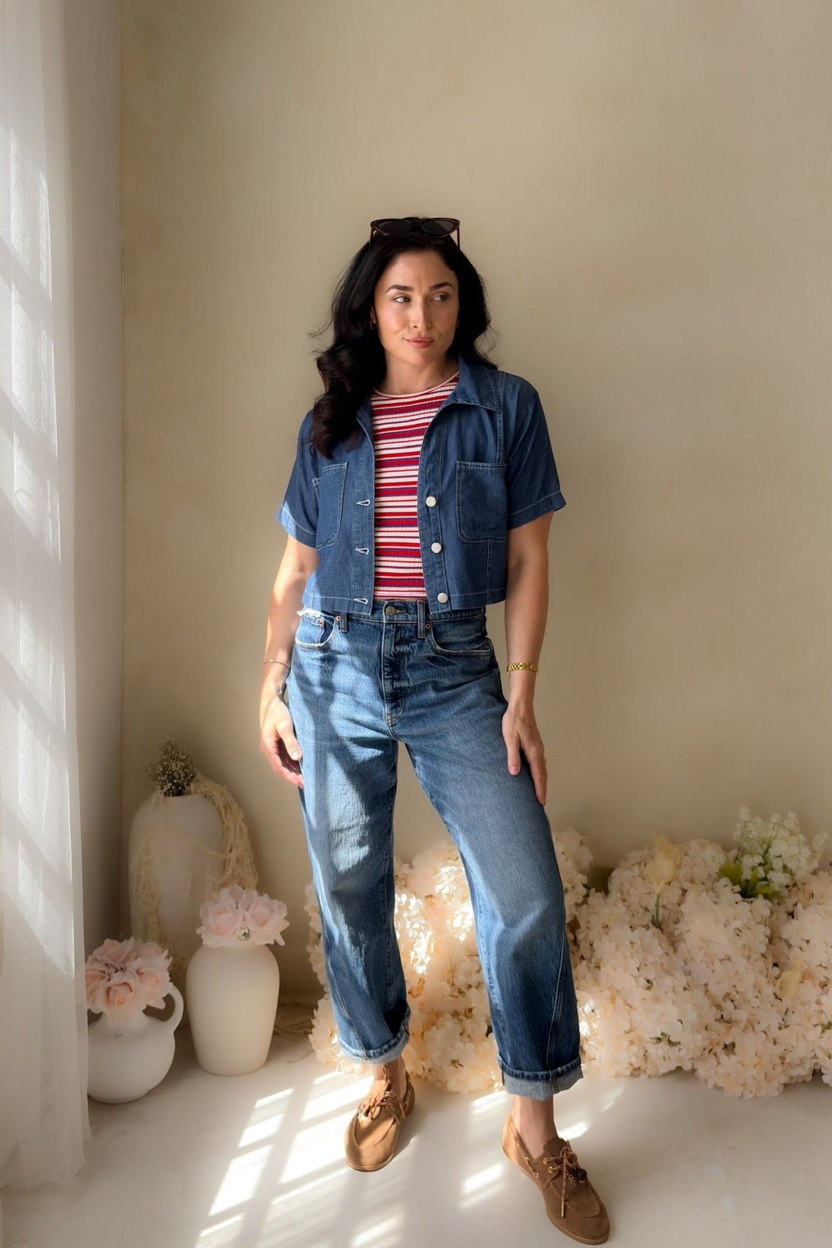Blue Denim Cropped Button Down Top - Shirts & Tops - Blooming Daily