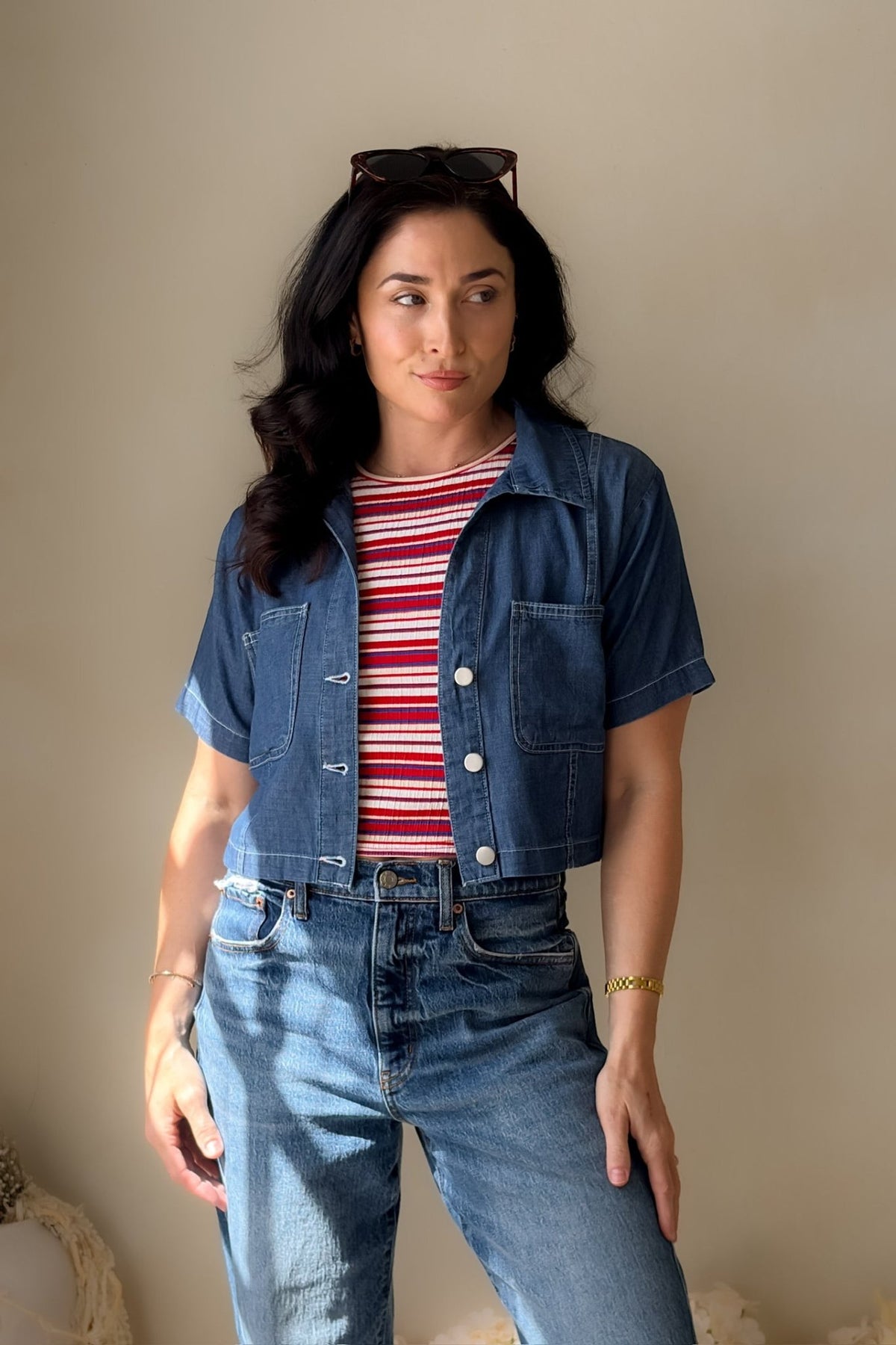 Blue Denim Cropped Button Down Top - Shirts & Tops - Blooming Daily