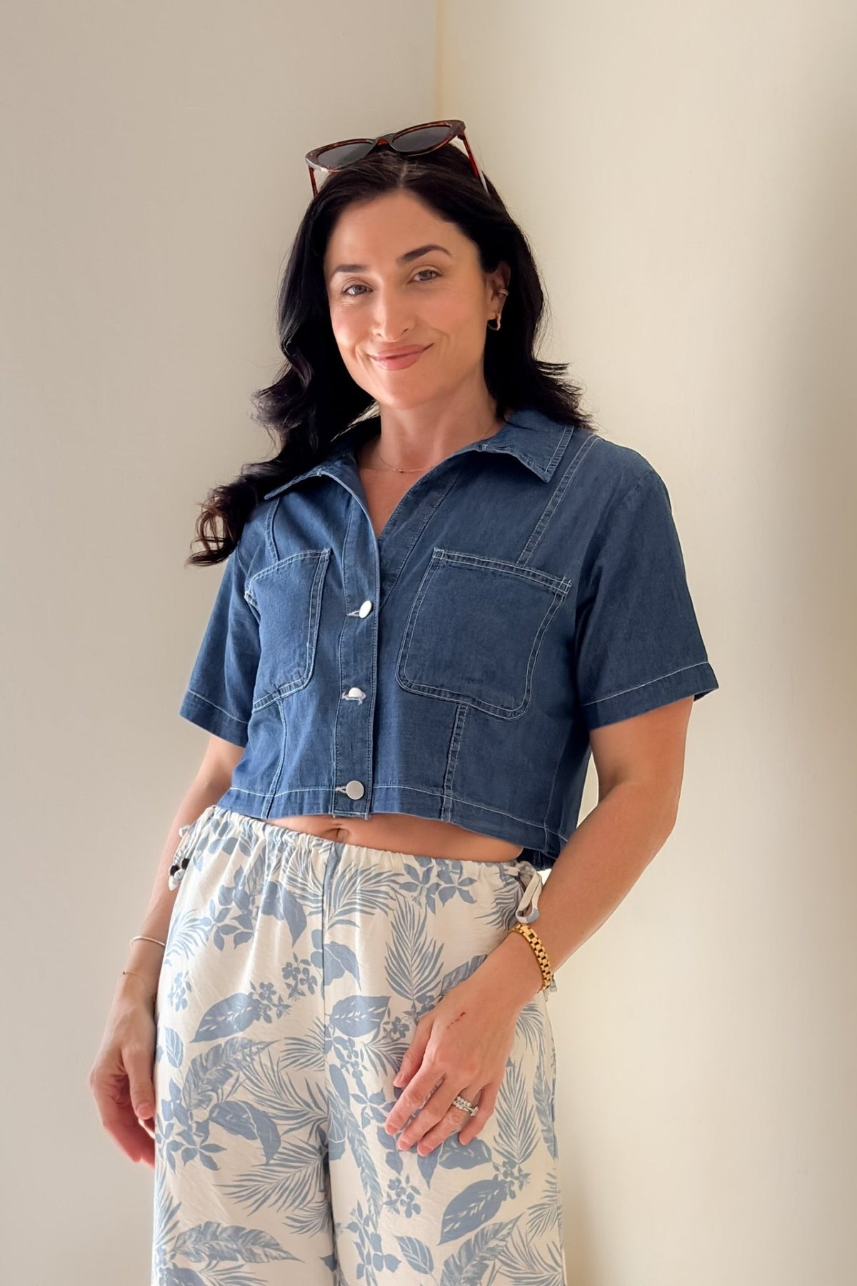 Blue Denim Cropped Button Down Top - Shirts & Tops - Blooming Daily