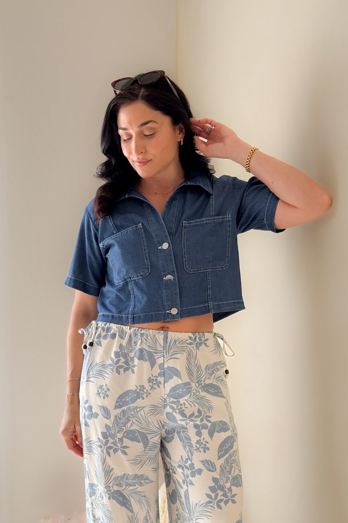 Blue Denim Cropped Button Down Top - Shirts & Tops - Blooming Daily
