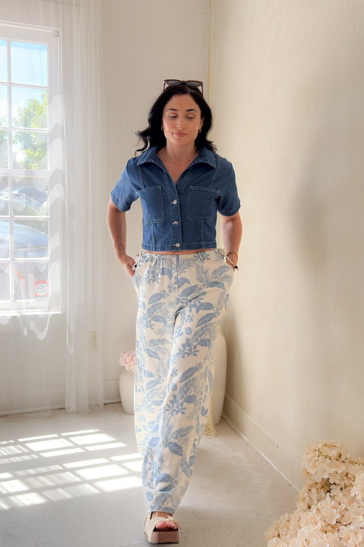 Blue Denim Cropped Button Down Top - Shirts & Tops - Blooming Daily