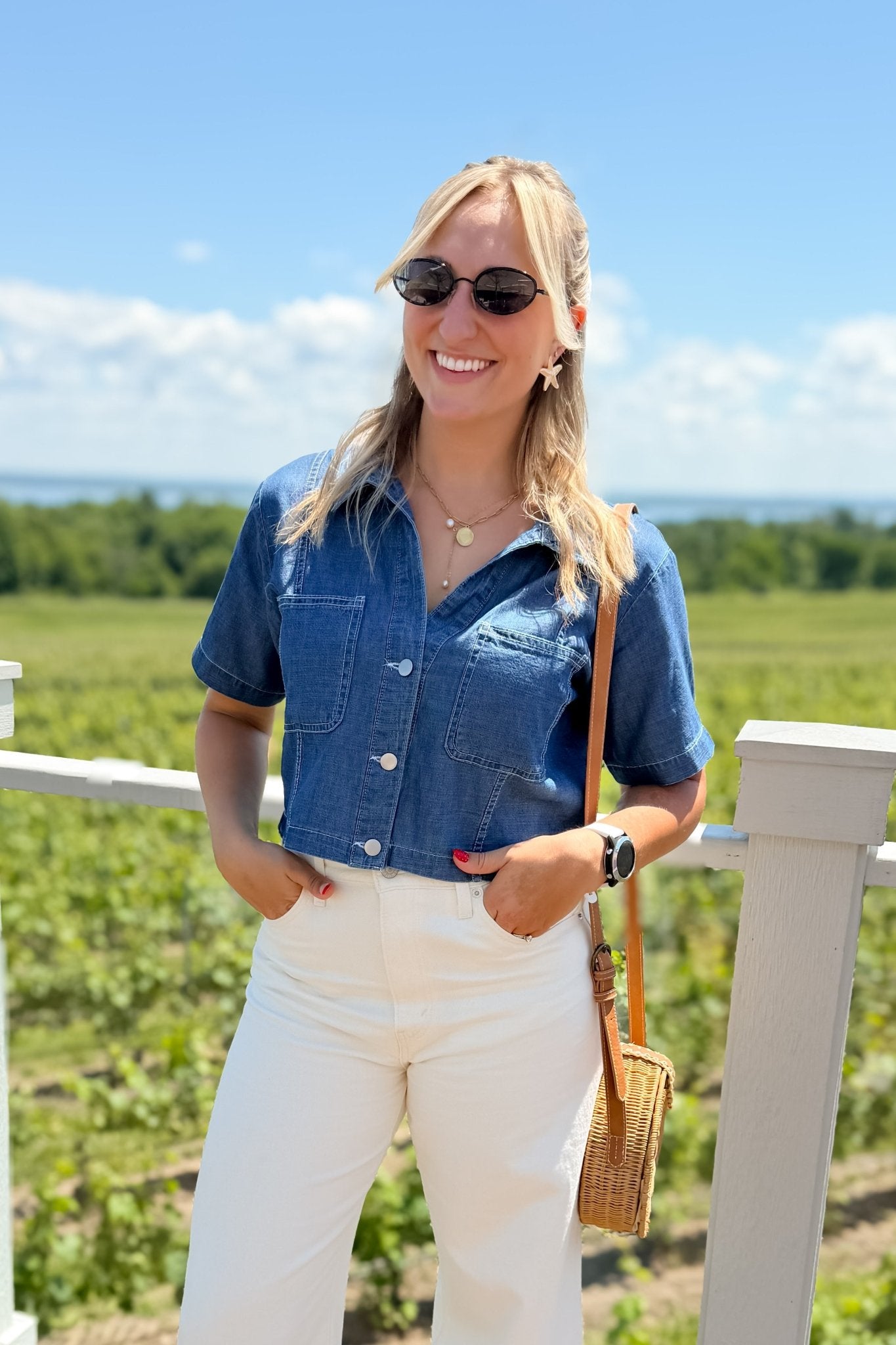 Blue Denim Cropped Button Down Top - Shirts & Tops - Blooming Daily
