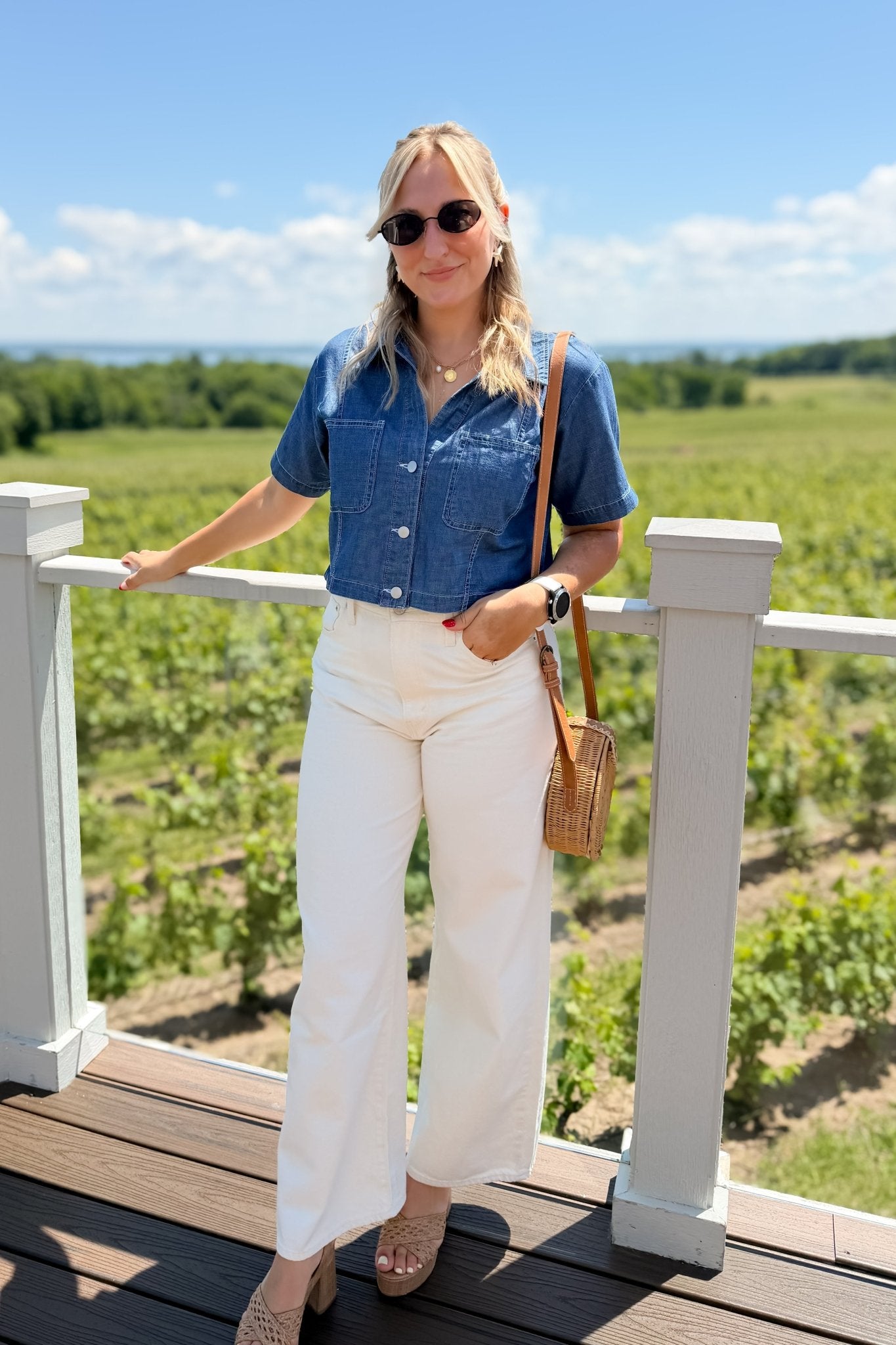 Blue Denim Cropped Button Down Top - Shirts & Tops - Blooming Daily