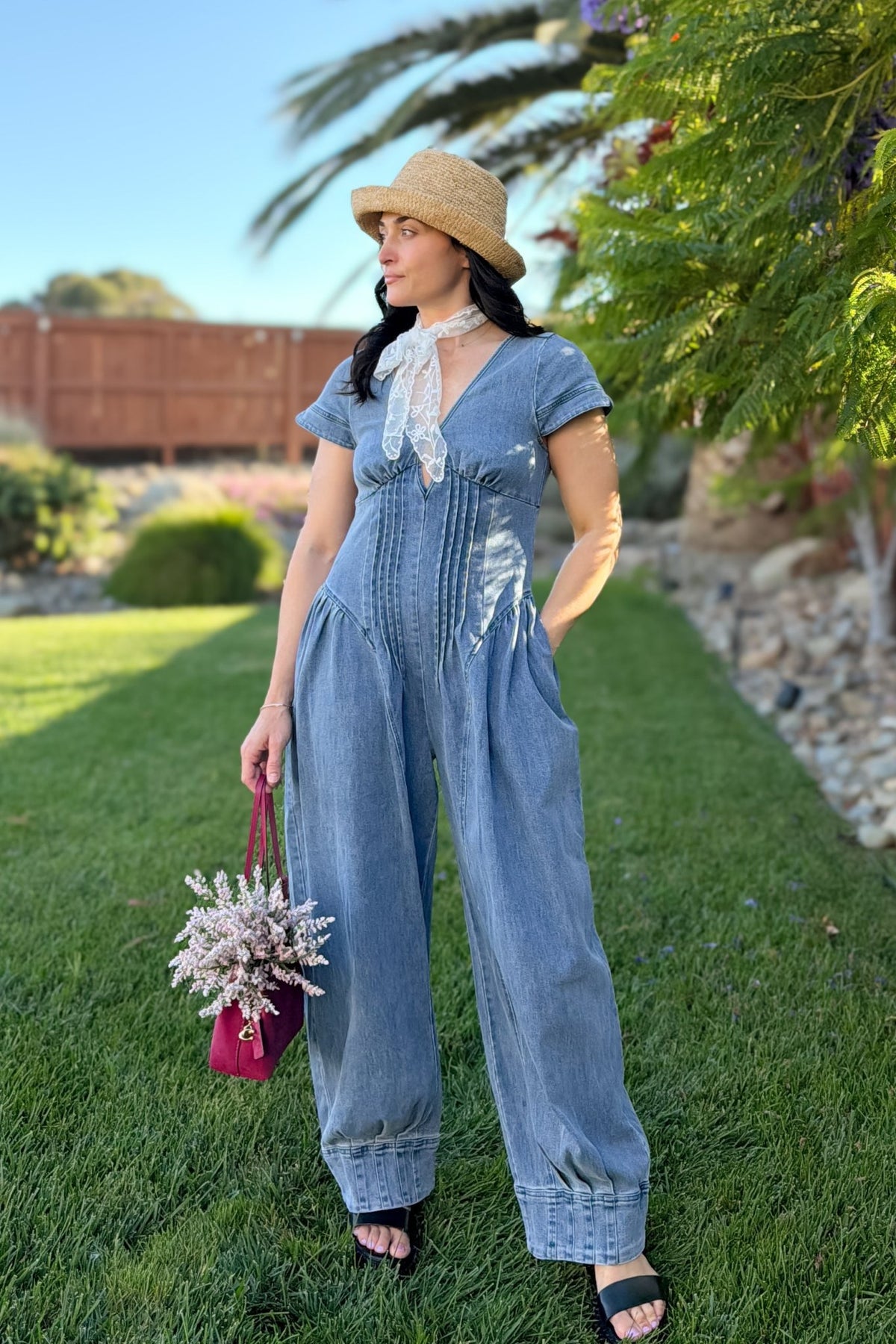 Blue Denim Pintuck Wide Leg Jumpsuit - Women's Jumpsuit - Blooming Daily