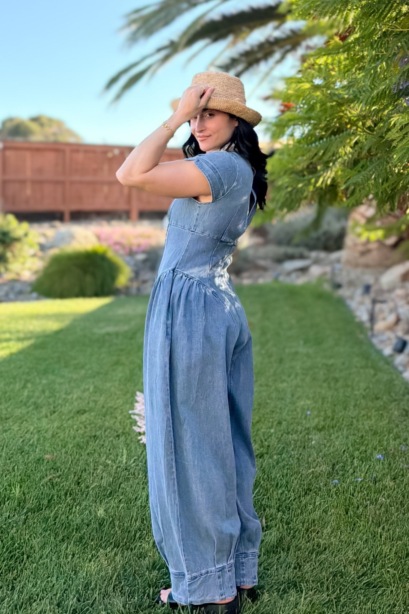 Blue Denim Pintuck Wide Leg Jumpsuit - Women's Jumpsuit - Blooming Daily
