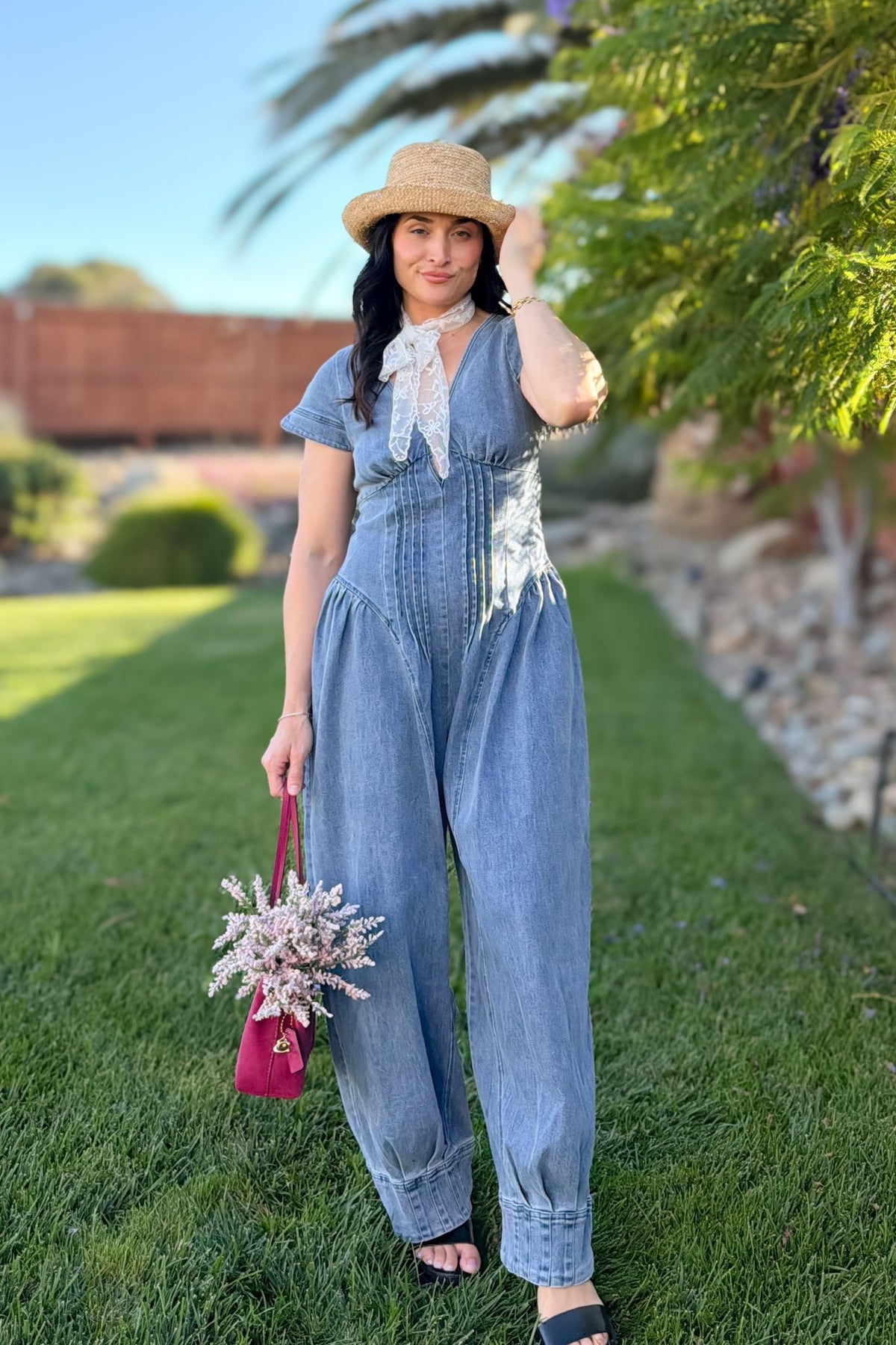 Blue Denim Pintuck Wide Leg Jumpsuit - Women's Jumpsuit - Blooming Daily