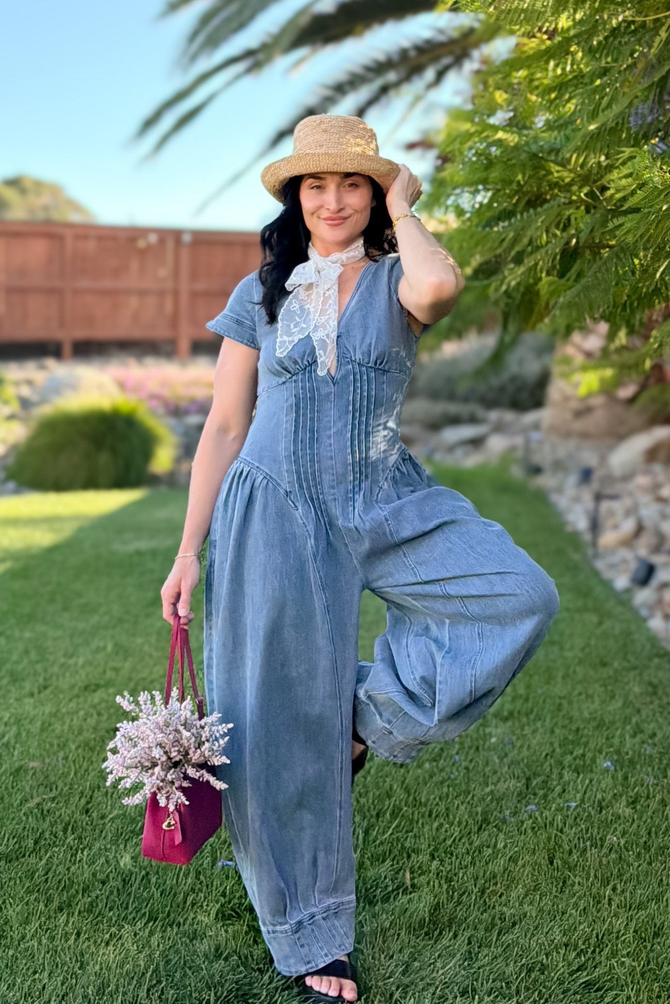 Blue Denim Pintuck Wide Leg Jumpsuit - Women's Jumpsuit - Blooming Daily
