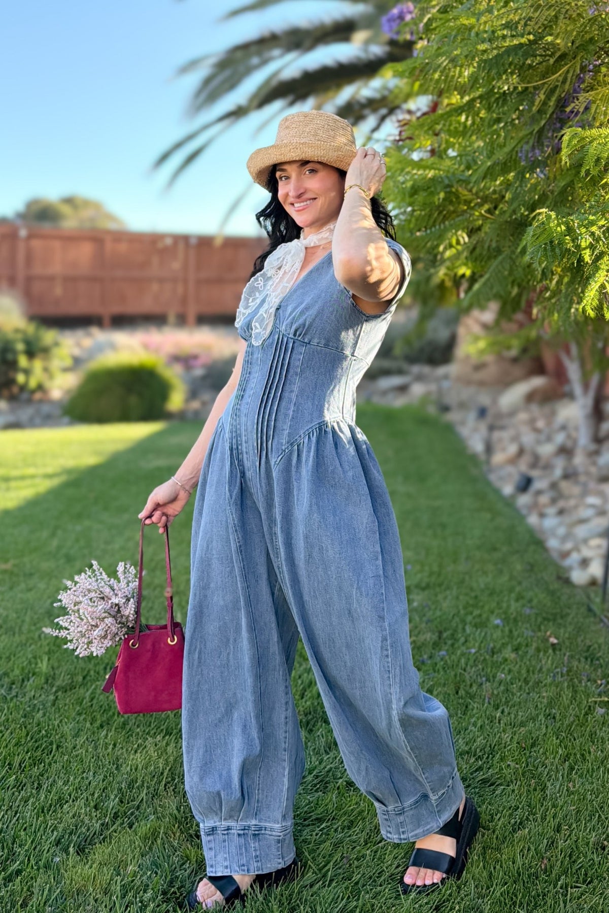 Blue Denim Pintuck Wide Leg Jumpsuit - Women's Jumpsuit - Blooming Daily