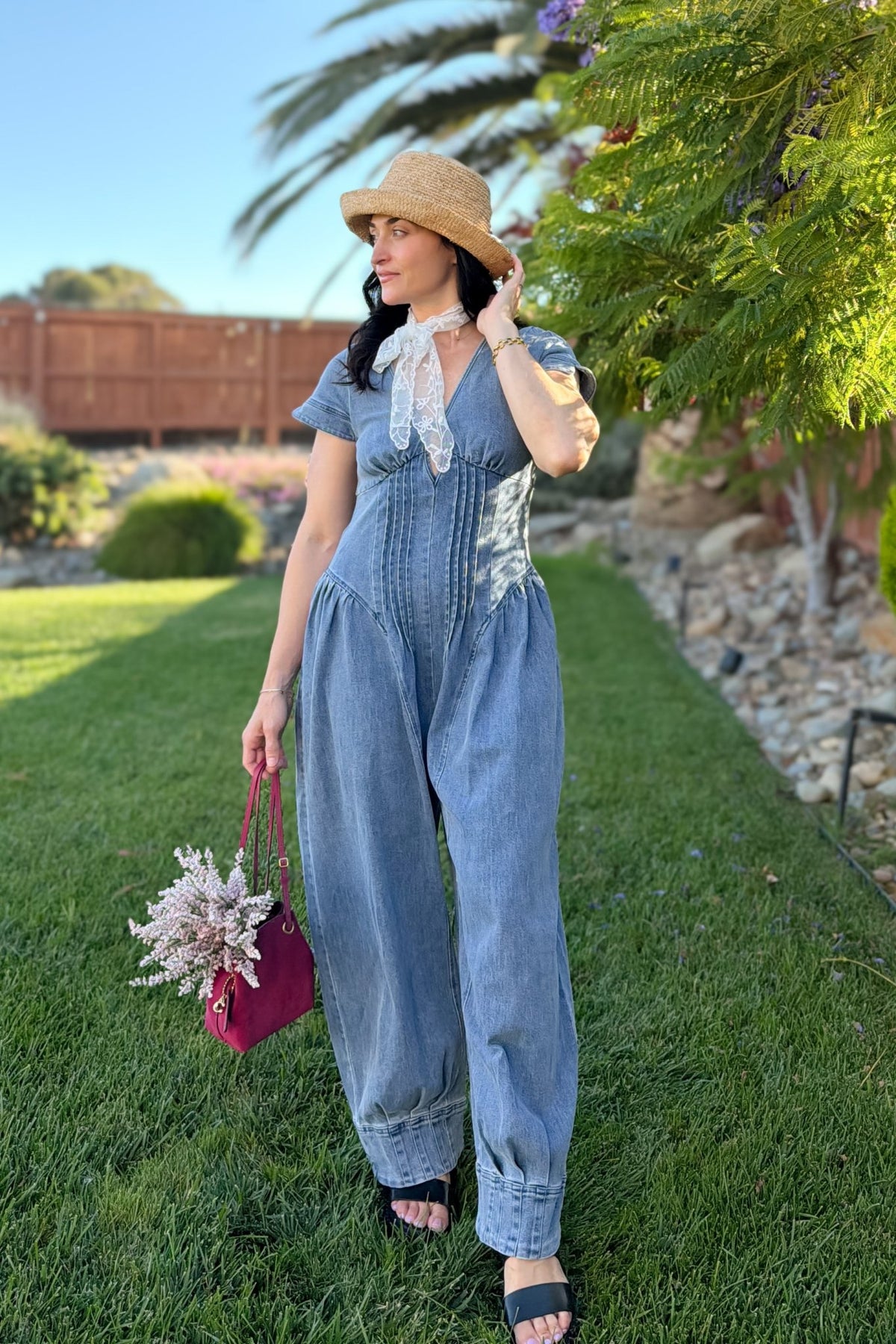 Blue Denim Pintuck Wide Leg Jumpsuit - Women's Jumpsuit - Blooming Daily