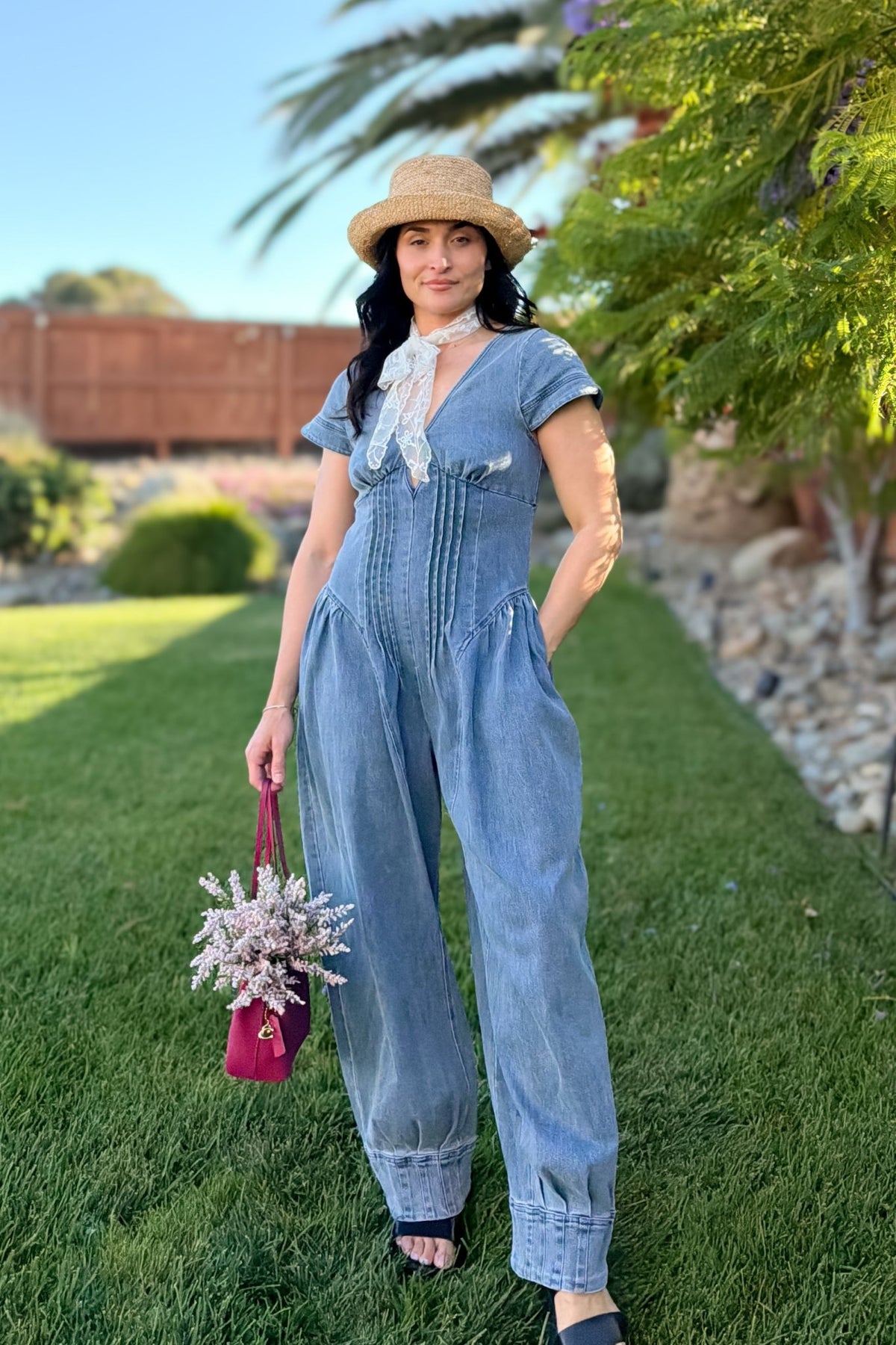 Blue Denim Pintuck Wide Leg Jumpsuit - Women's Jumpsuit - Blooming Daily