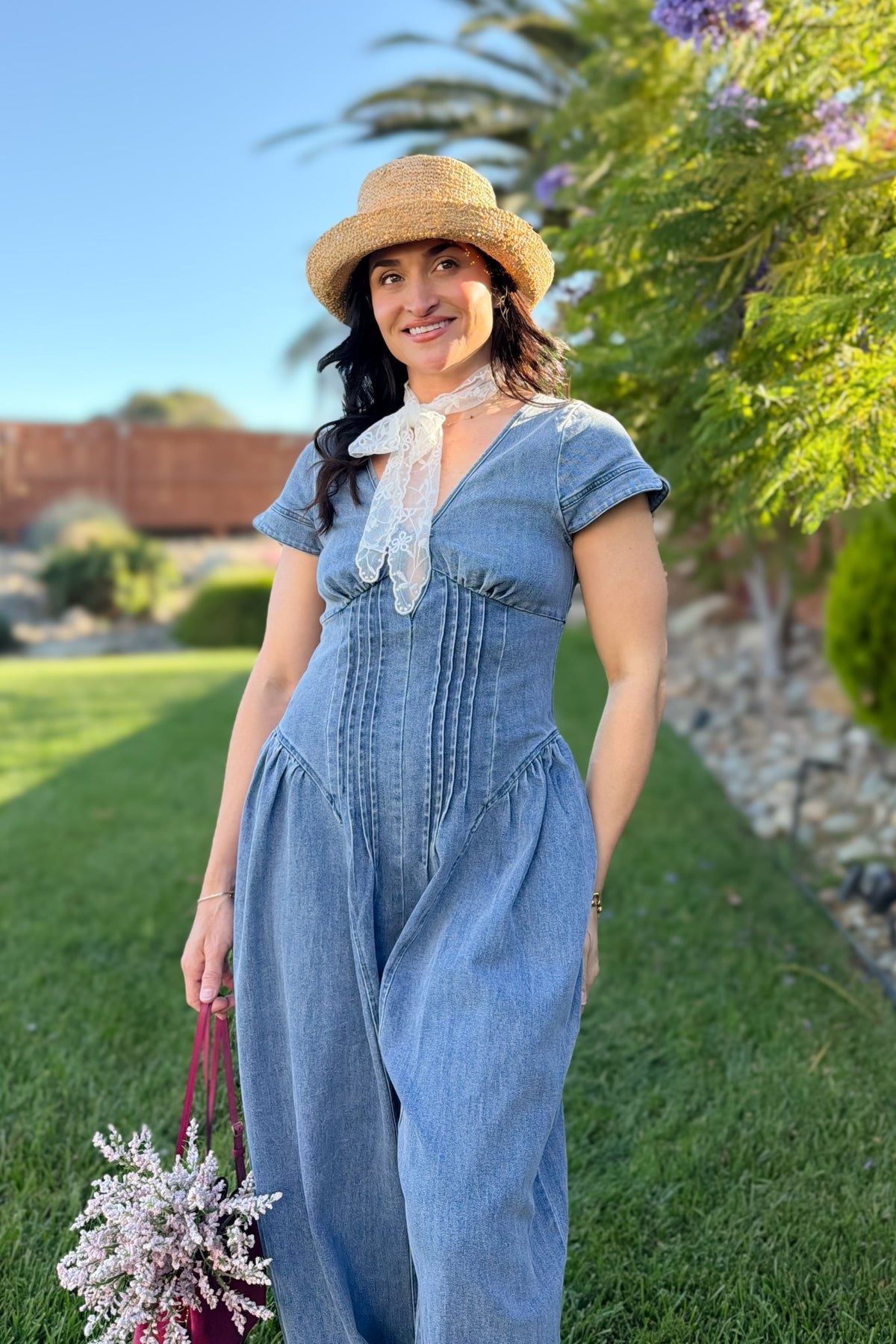 Blue Denim Pintuck Wide Leg Jumpsuit - Women's Jumpsuit - Blooming Daily