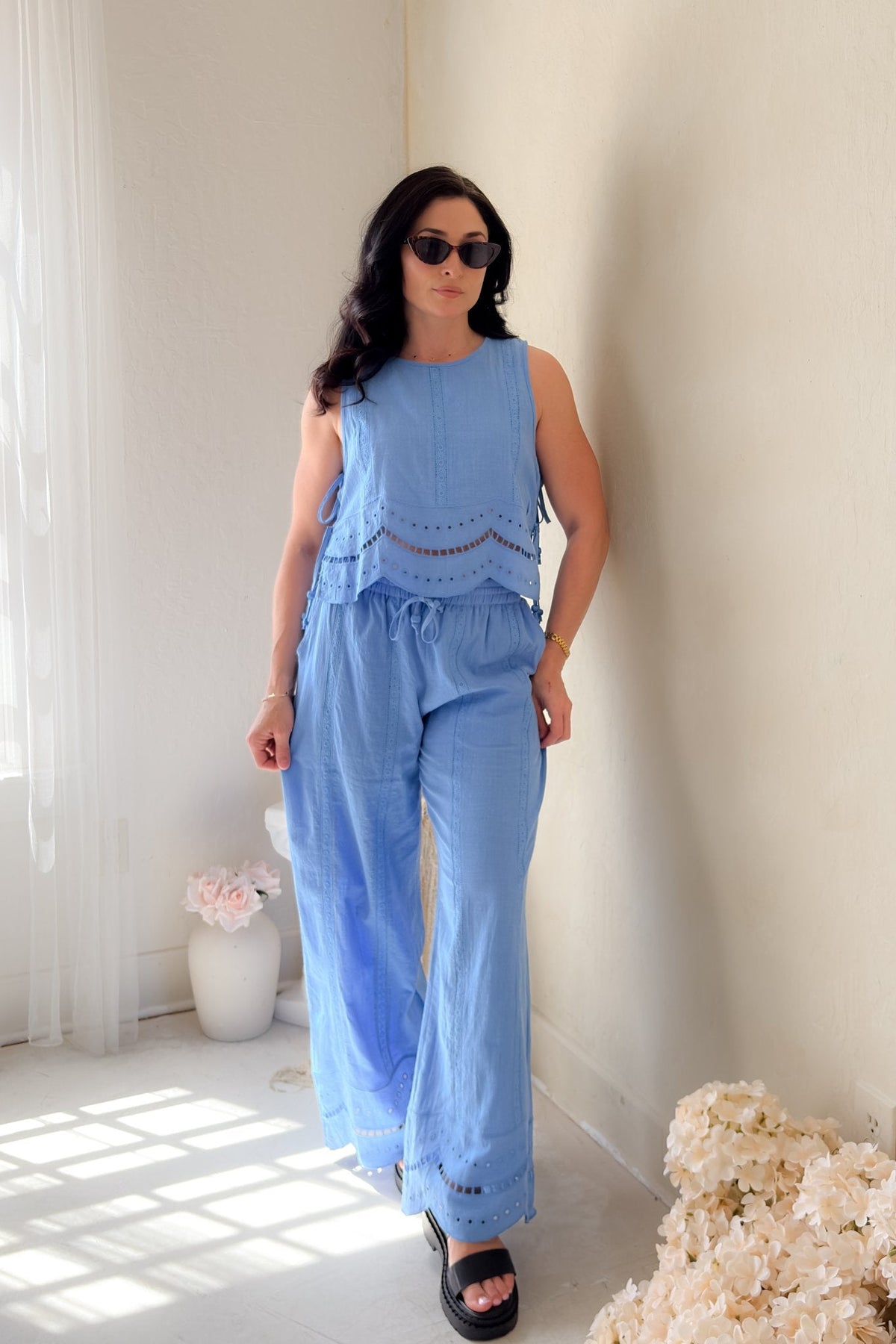 Blue Eyelet Wide Leg Pants – Elastic Waist - Women's Pants - Blooming Daily