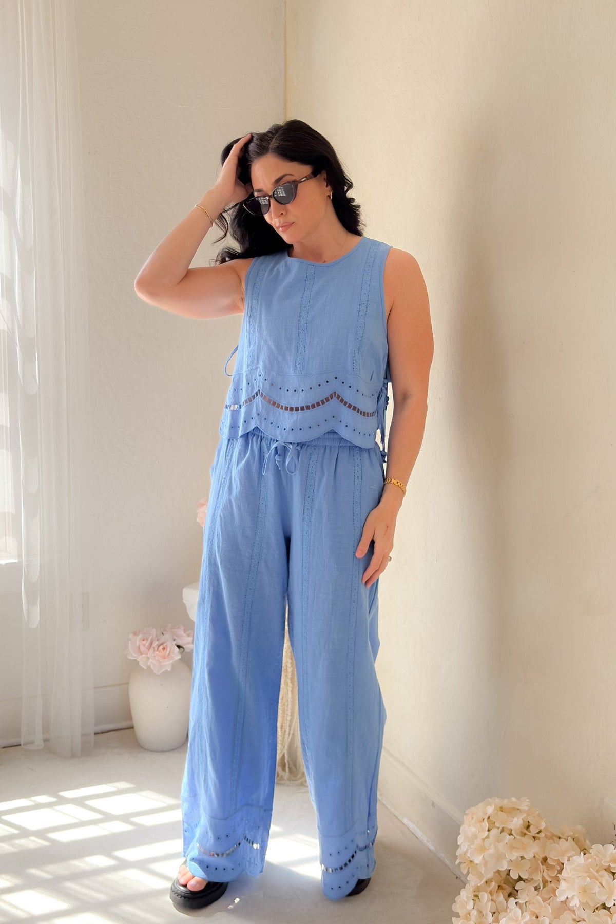 Blue Eyelet Wide Leg Pants – Elastic Waist - Women's Pants - Blooming Daily