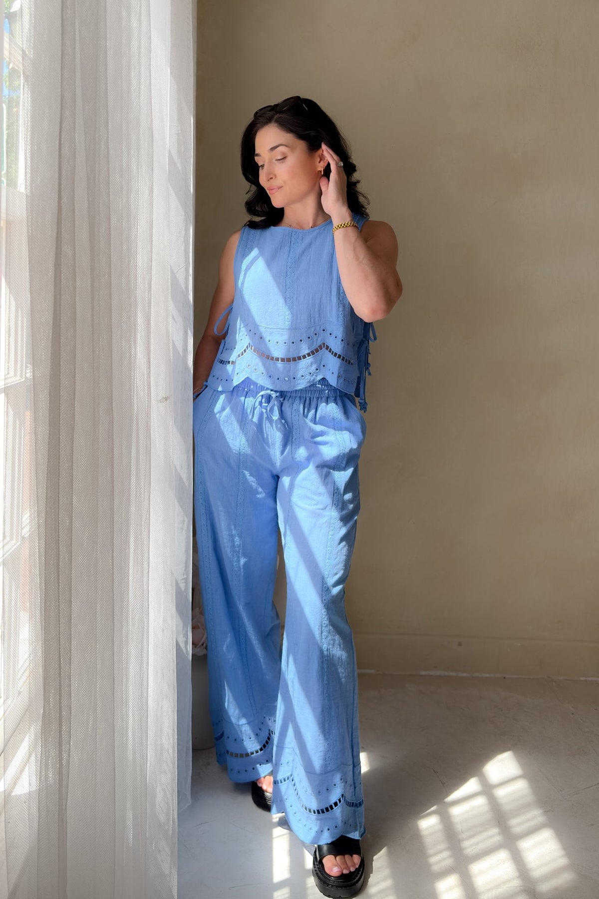 Blue Eyelet Wide Leg Pants – Elastic Waist - Women's Pants - Blooming Daily