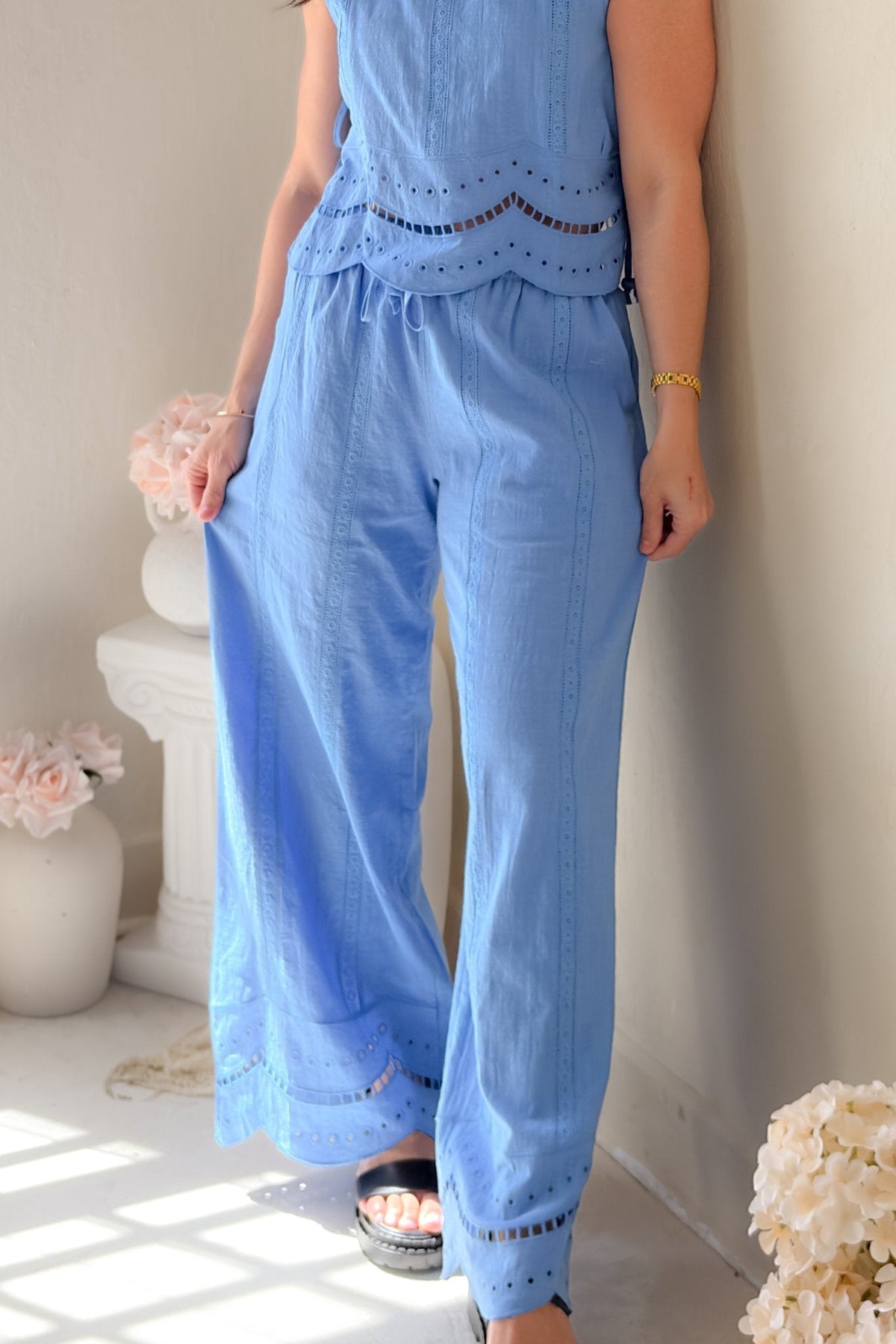 Blue Eyelet Wide Leg Pants – Elastic Waist - Women's Pants - Blooming Daily