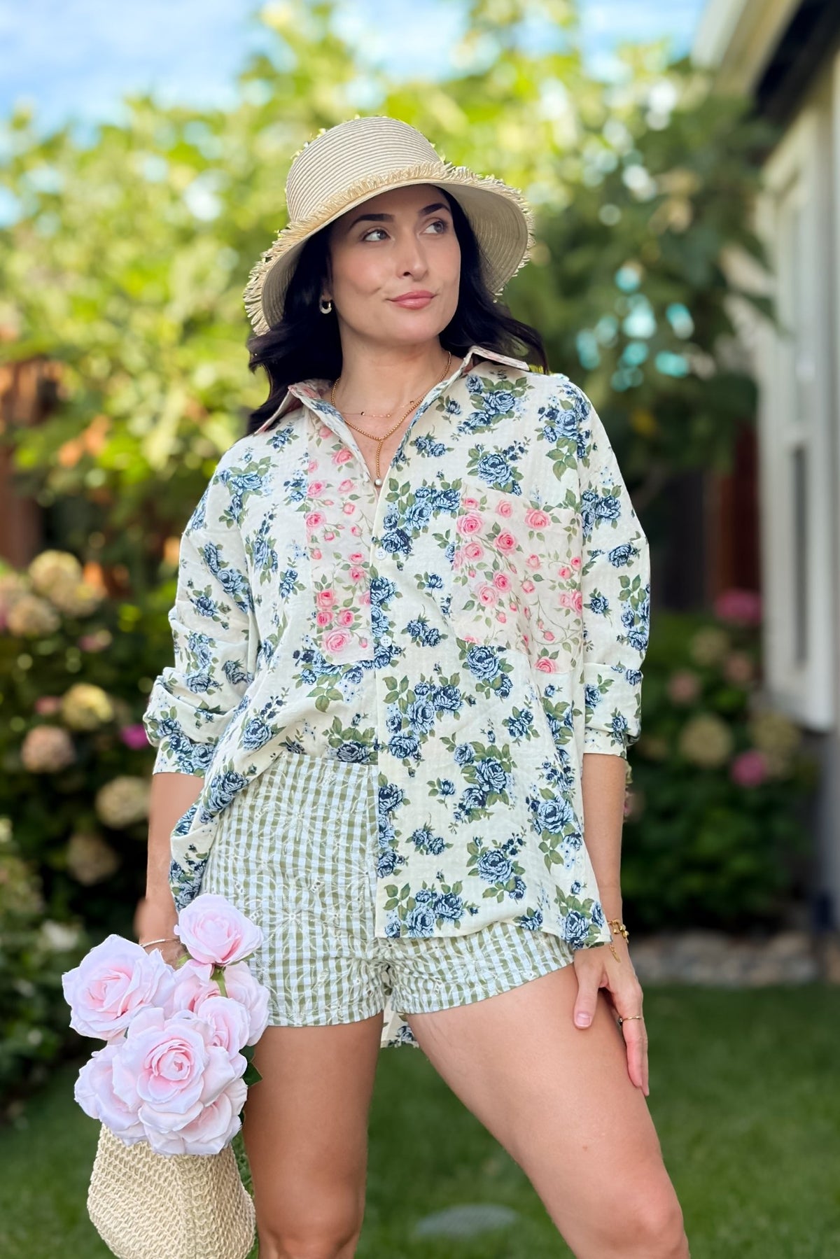 Blue Floral Button Down Shirt - Women's Shirts & Tops - Blooming Daily