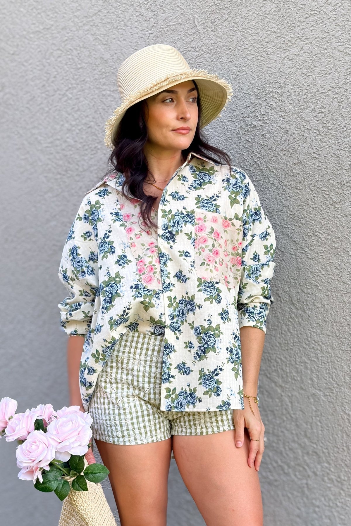 Blue Floral Button Down Shirt - Women's Shirts & Tops - Blooming Daily
