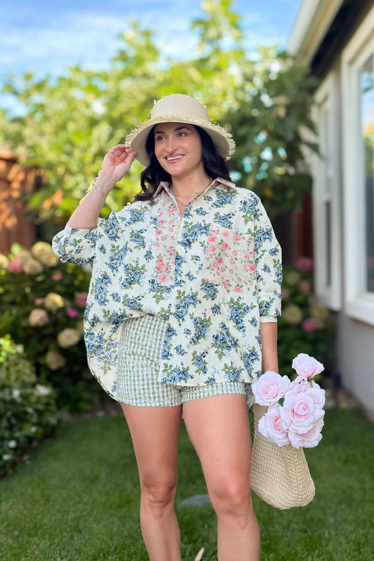 Blue Floral Button Down Shirt - Women's Shirts & Tops - Blooming Daily