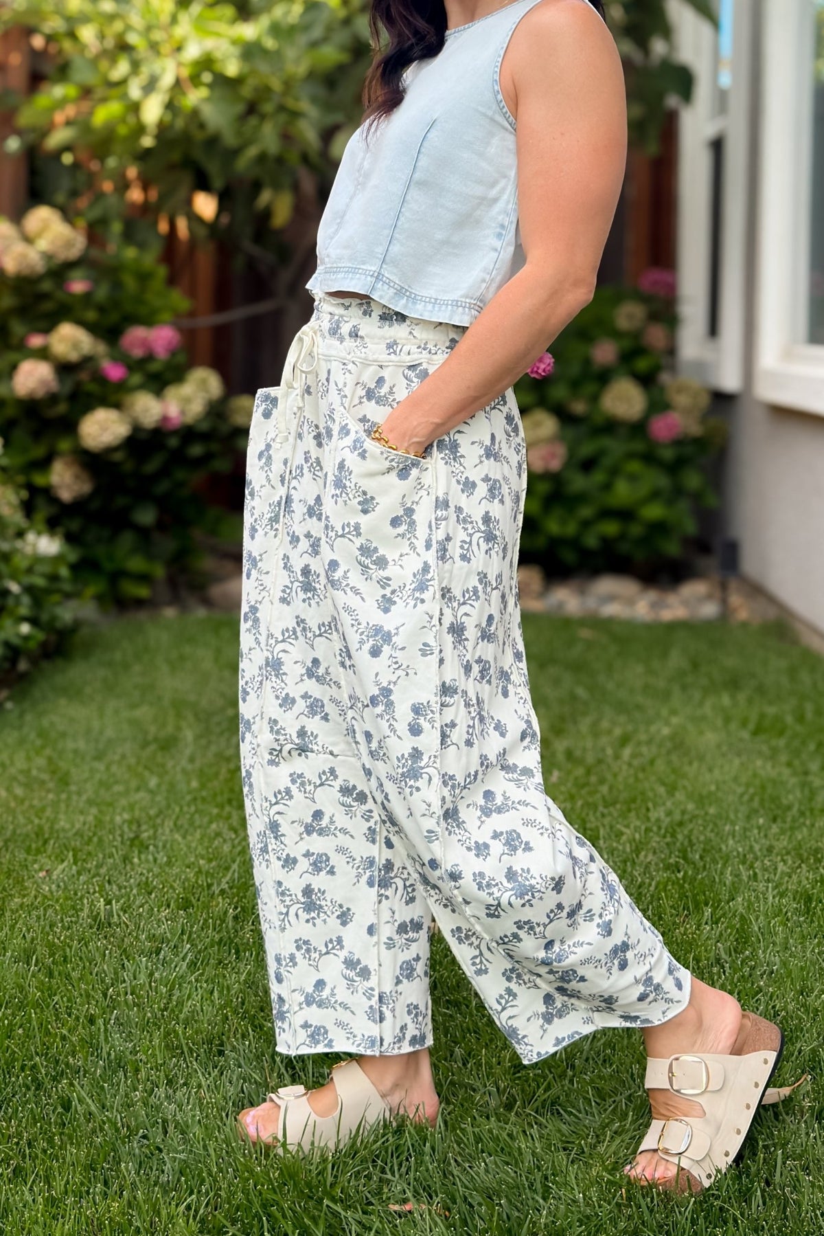 Blue Floral French Terry Barrel Leg Pants - Women's Pants - Blooming Daily