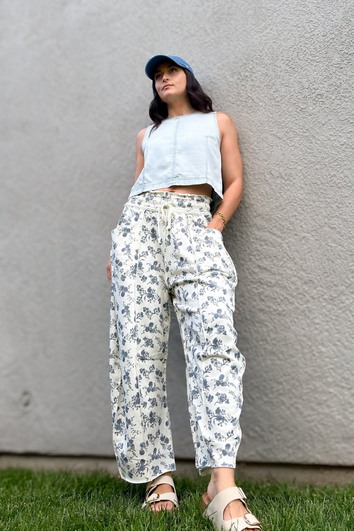 Blue Floral French Terry Barrel Leg Pants - Women's Pants - Blooming Daily
