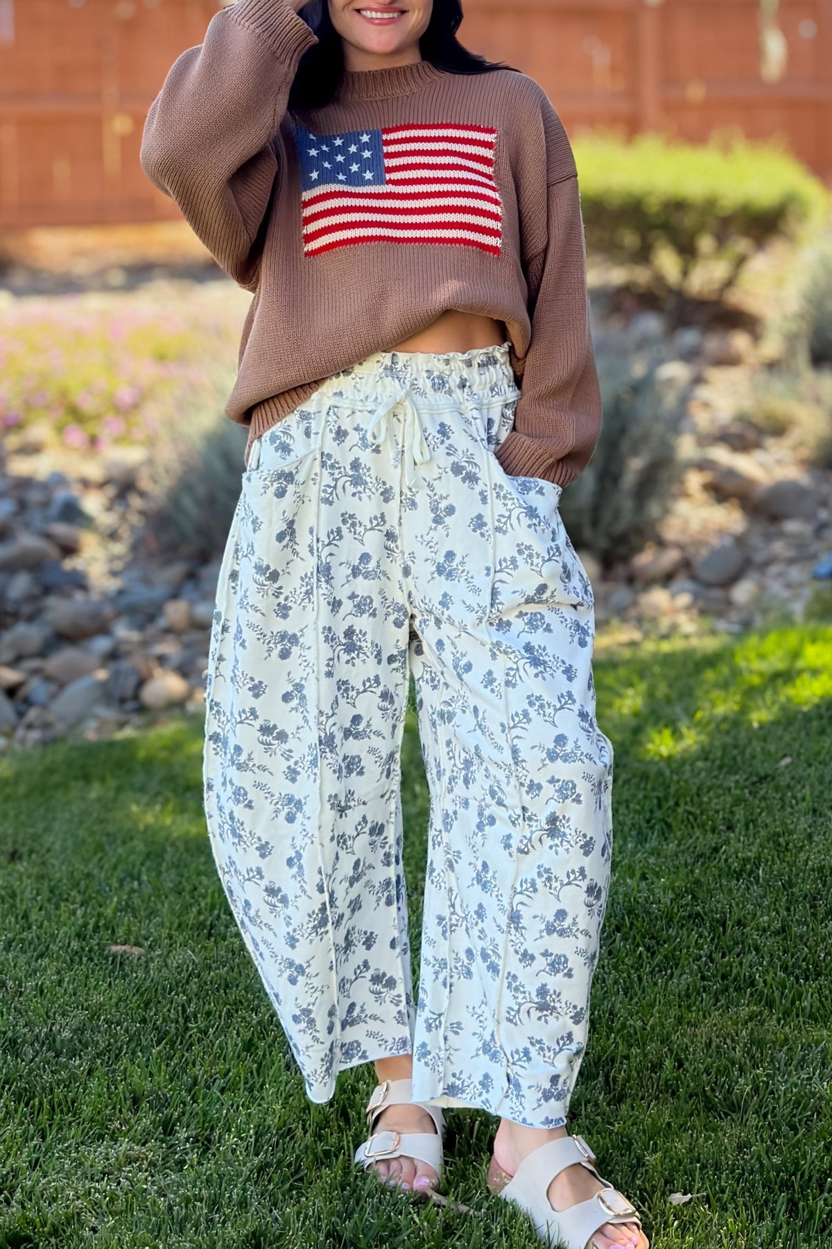 Blue Floral French Terry Barrel Leg Pants - Women's Pants - Blooming Daily