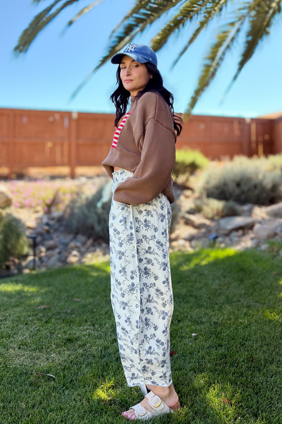 Blue Floral French Terry Barrel Leg Pants - Women's Pants - Blooming Daily