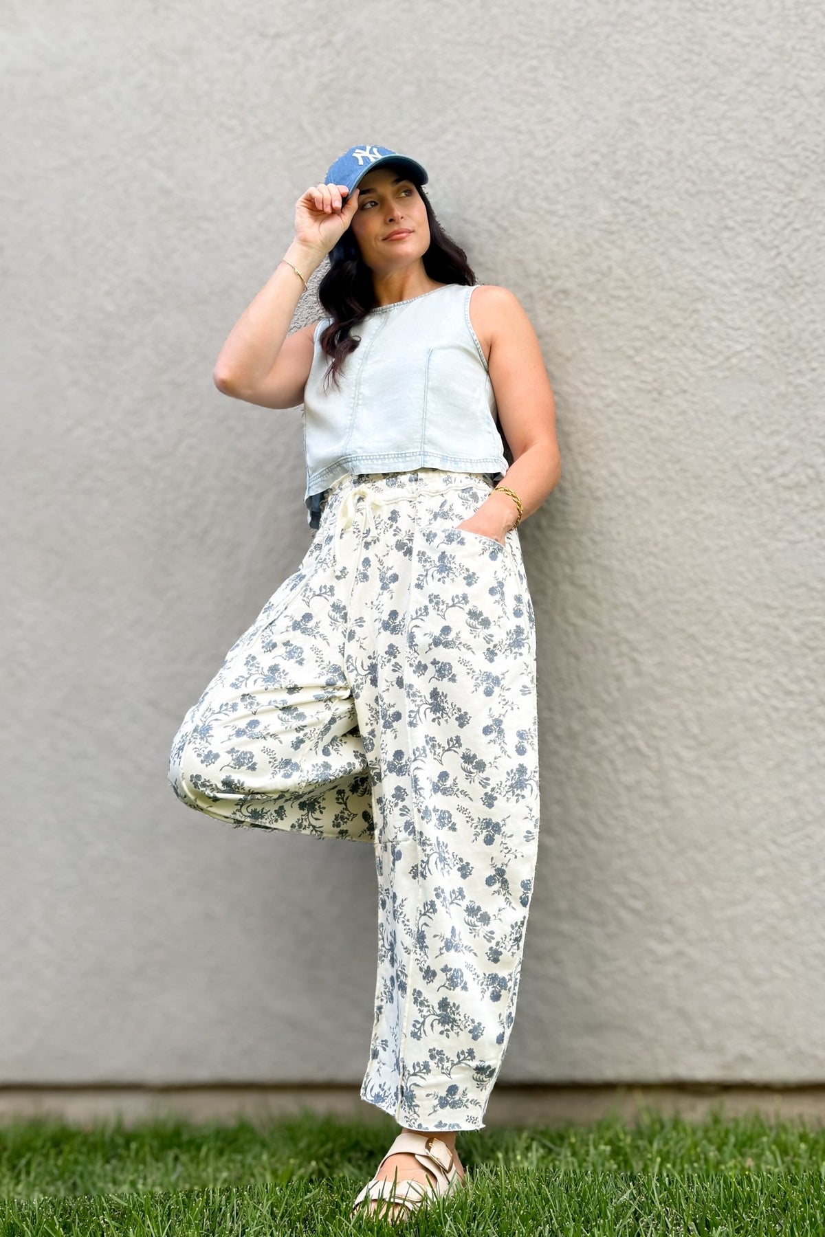 Blue Floral French Terry Barrel Leg Pants - Women's Pants - Blooming Daily