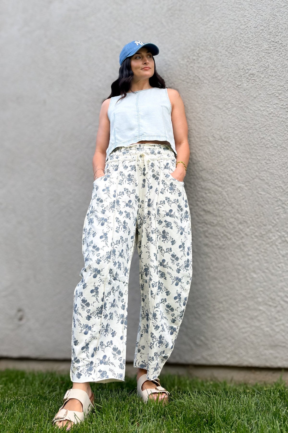 Blue Floral French Terry Barrel Leg Pants - Women's Pants - Blooming Daily