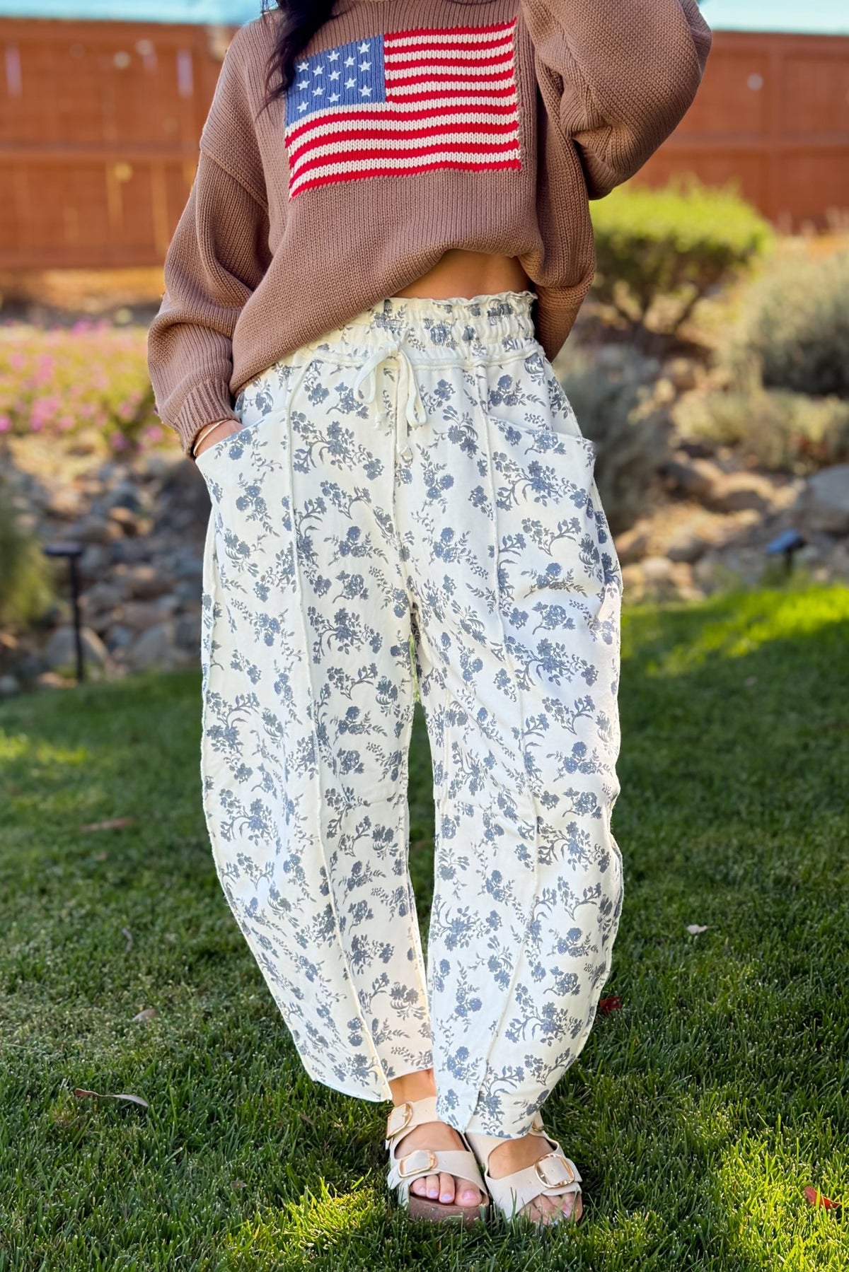 Blue Floral French Terry Barrel Leg Pants - Women's Pants - Blooming Daily