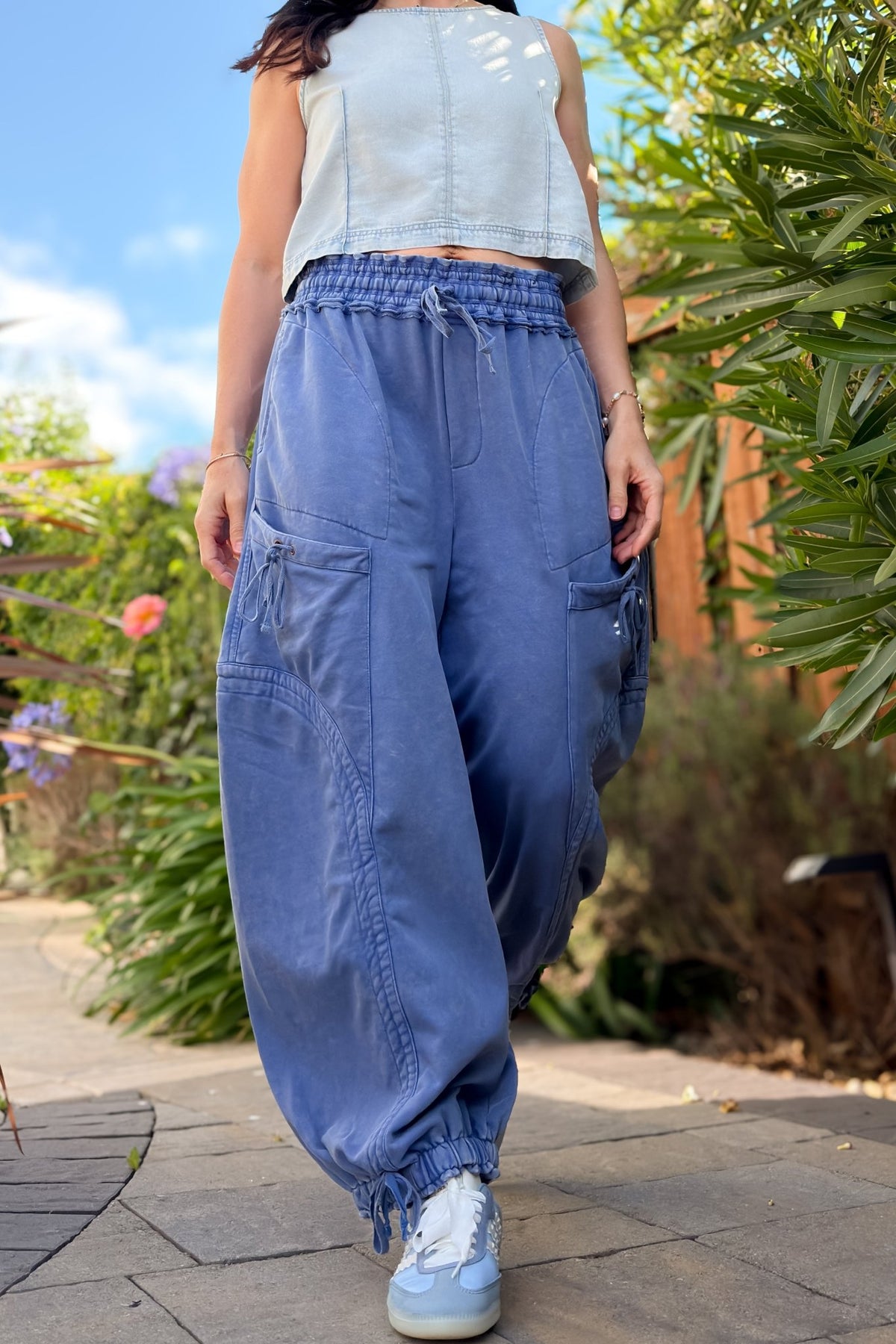 Blue Mineral Wash Wide Leg Cargo Pants - Women's Pants - Blooming Daily
