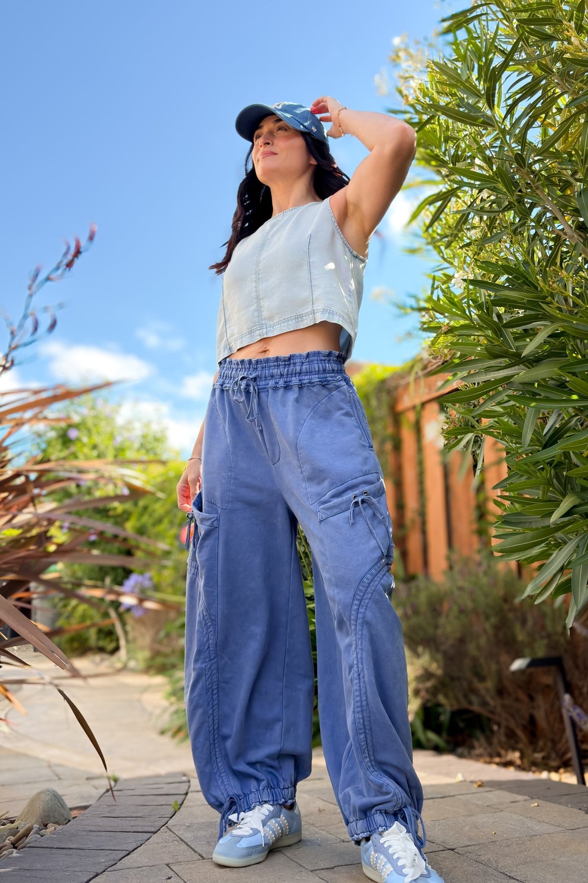 Blue Mineral Wash Wide Leg Cargo Pants - Women's Pants - Blooming Daily