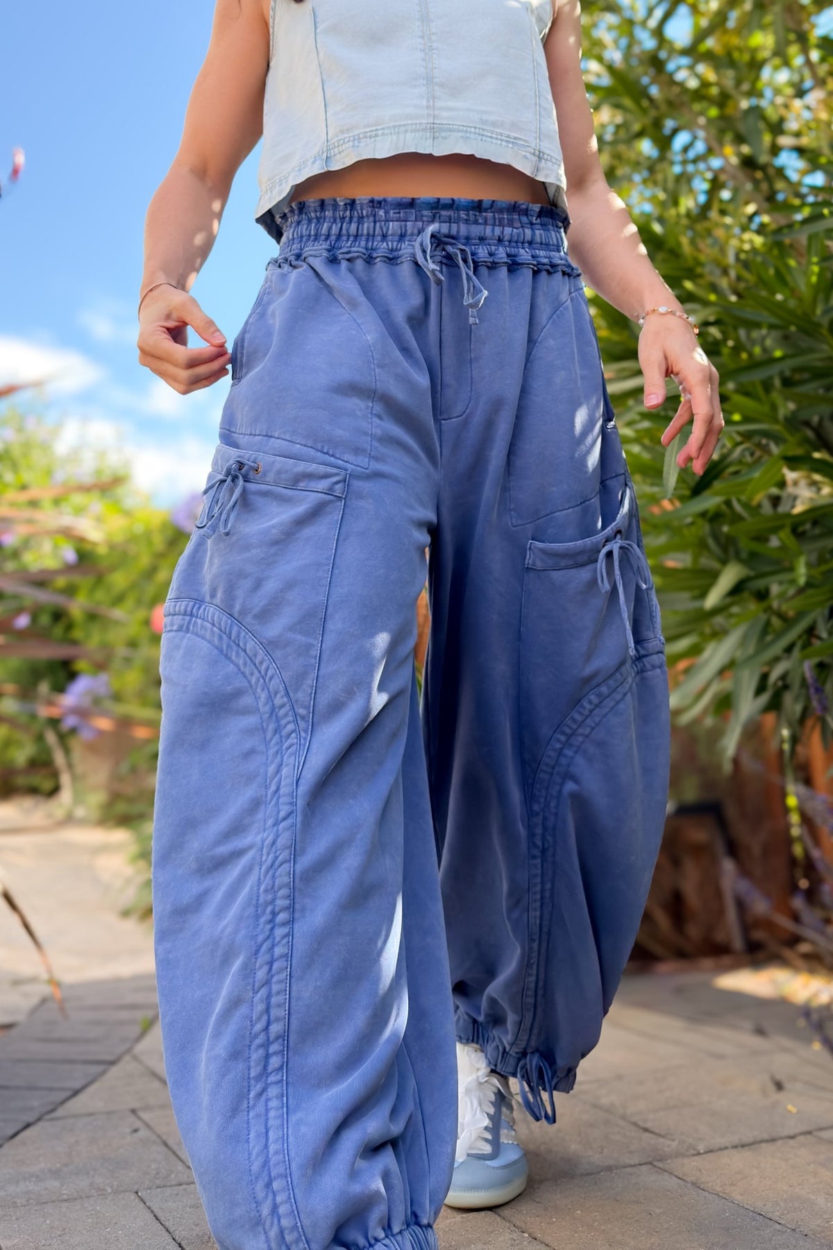 Blue Mineral Wash Wide Leg Cargo Pants - Women's Pants - Blooming Daily