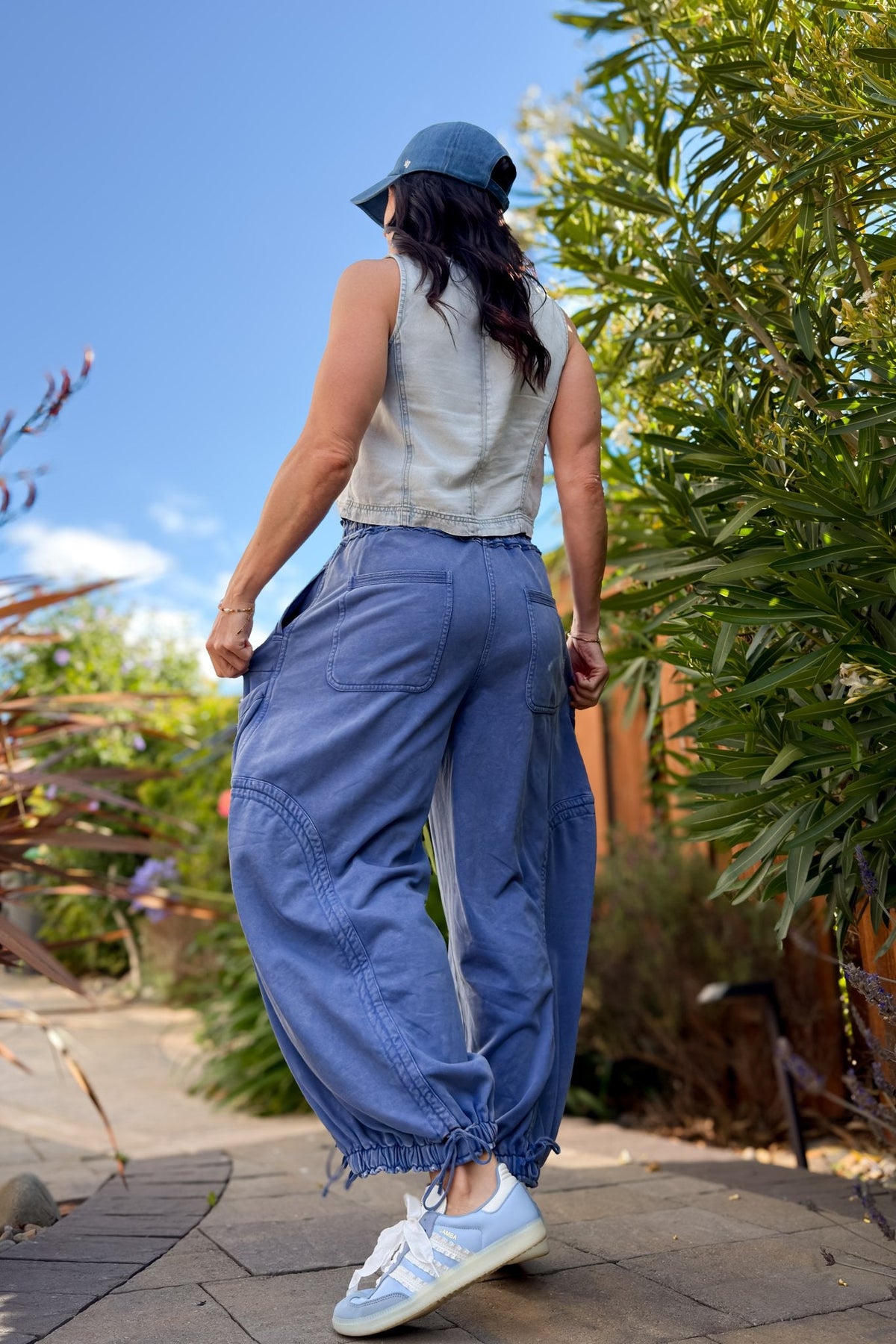 Blue Mineral Wash Wide Leg Cargo Pants - Women's Pants - Blooming Daily