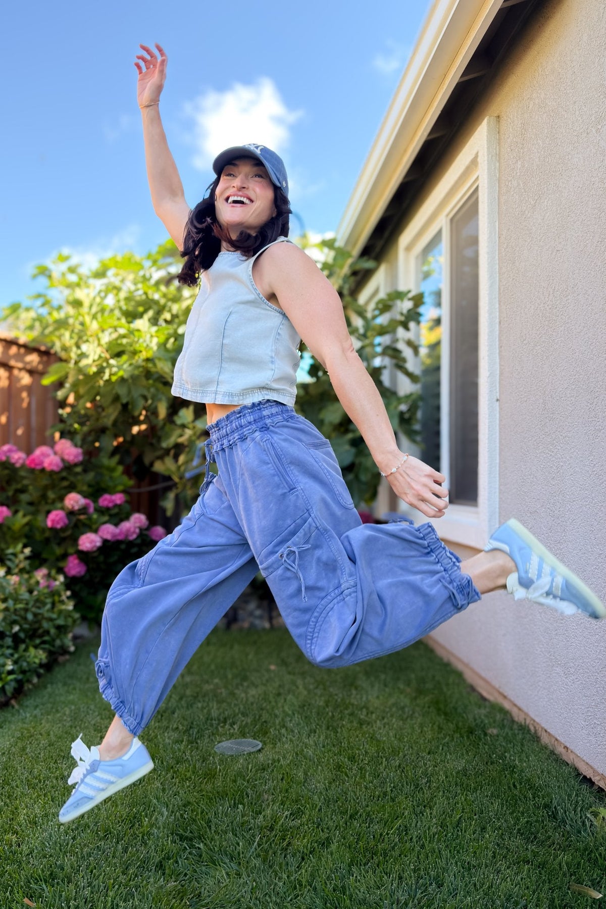 Blue Mineral Wash Wide Leg Cargo Pants - Women's Pants - Blooming Daily
