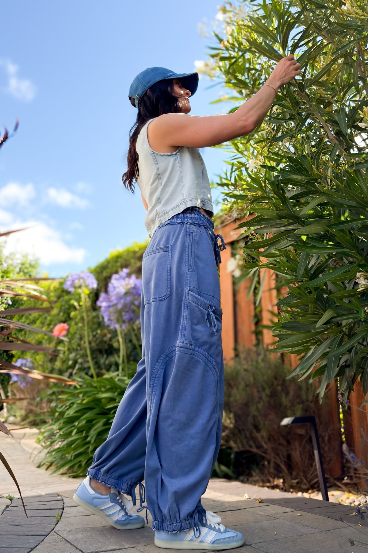 Blue Mineral Wash Wide Leg Cargo Pants - Women's Pants - Blooming Daily