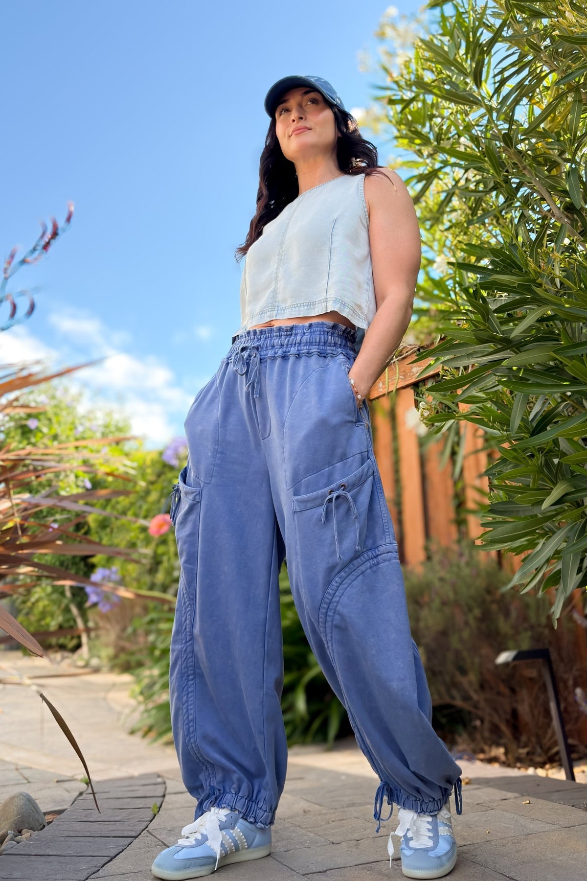 Blue Mineral Wash Wide Leg Cargo Pants - Women's Pants - Blooming Daily
