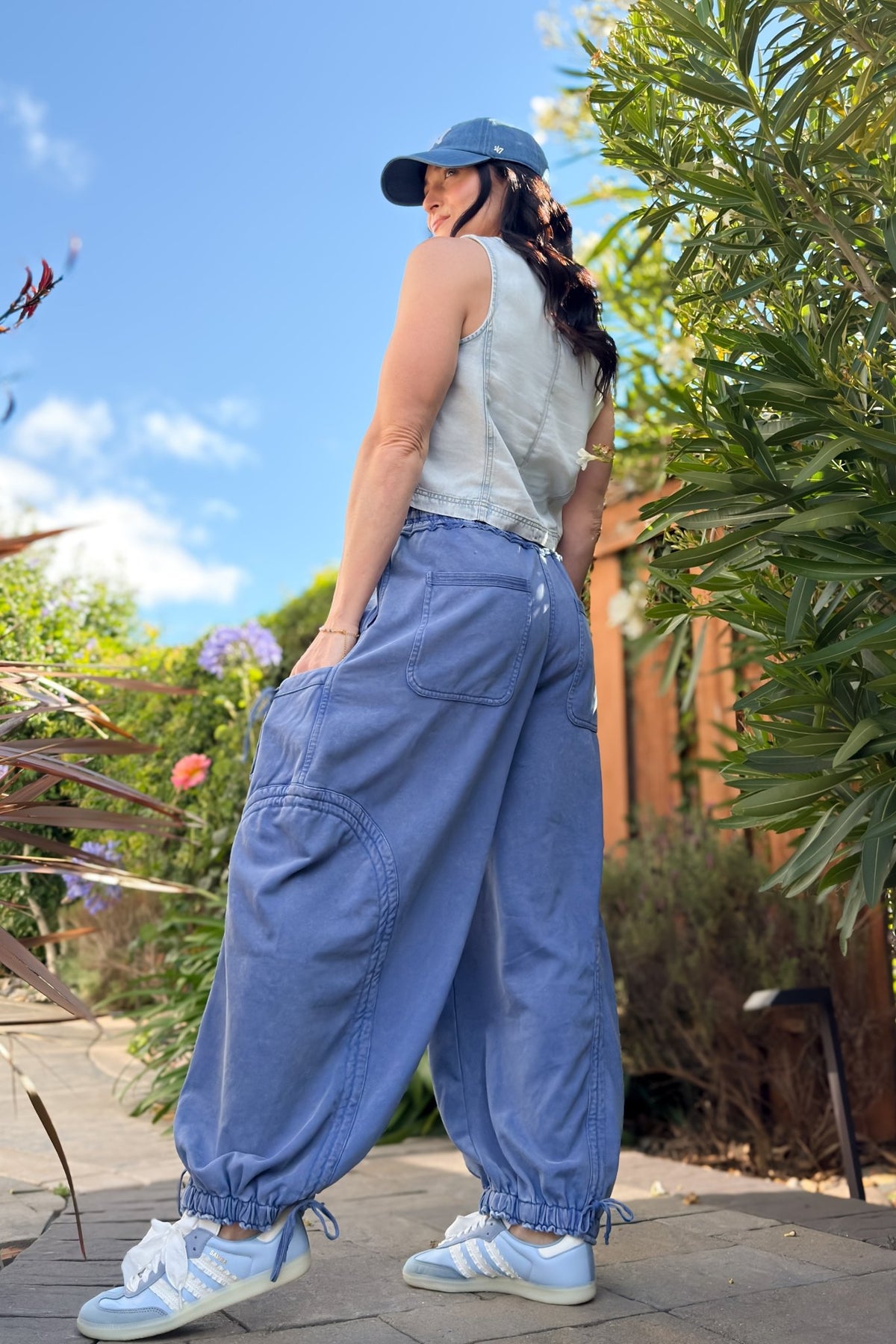 Blue Mineral Wash Wide Leg Cargo Pants - Women's Pants - Blooming Daily