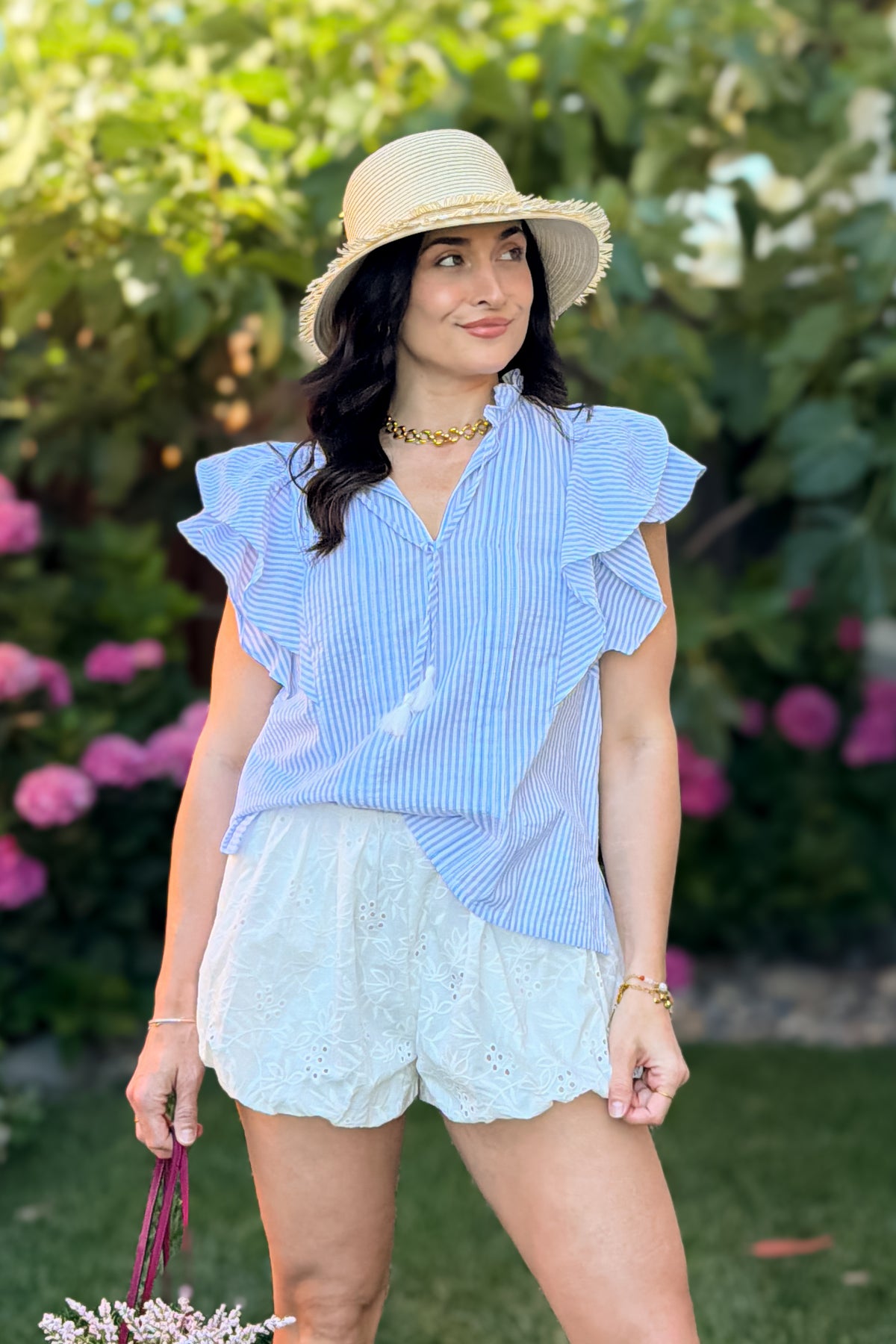 Blue Striped Ruffle Sleeve Cotton Top