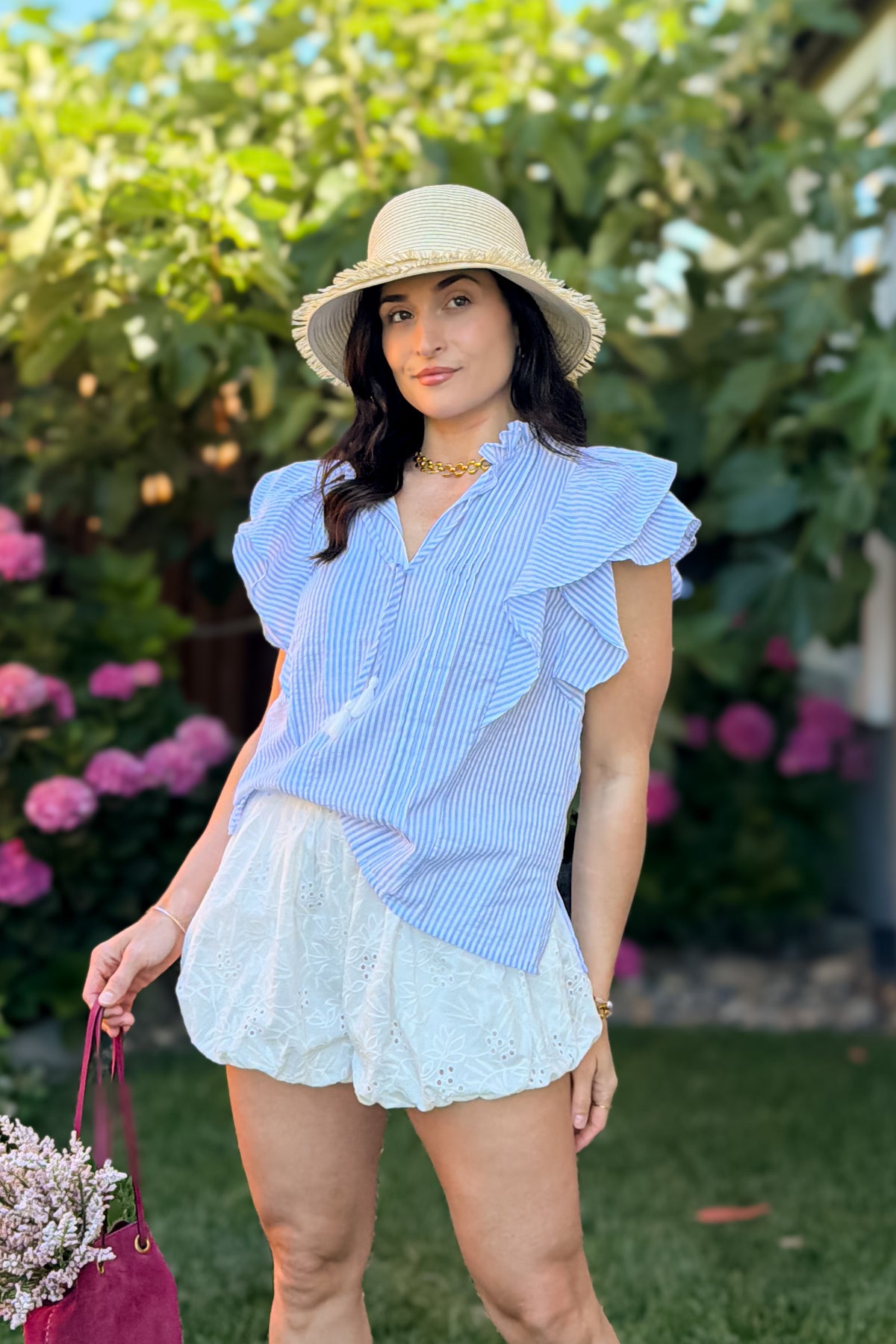 Blue Striped Ruffle Sleeve Cotton Top