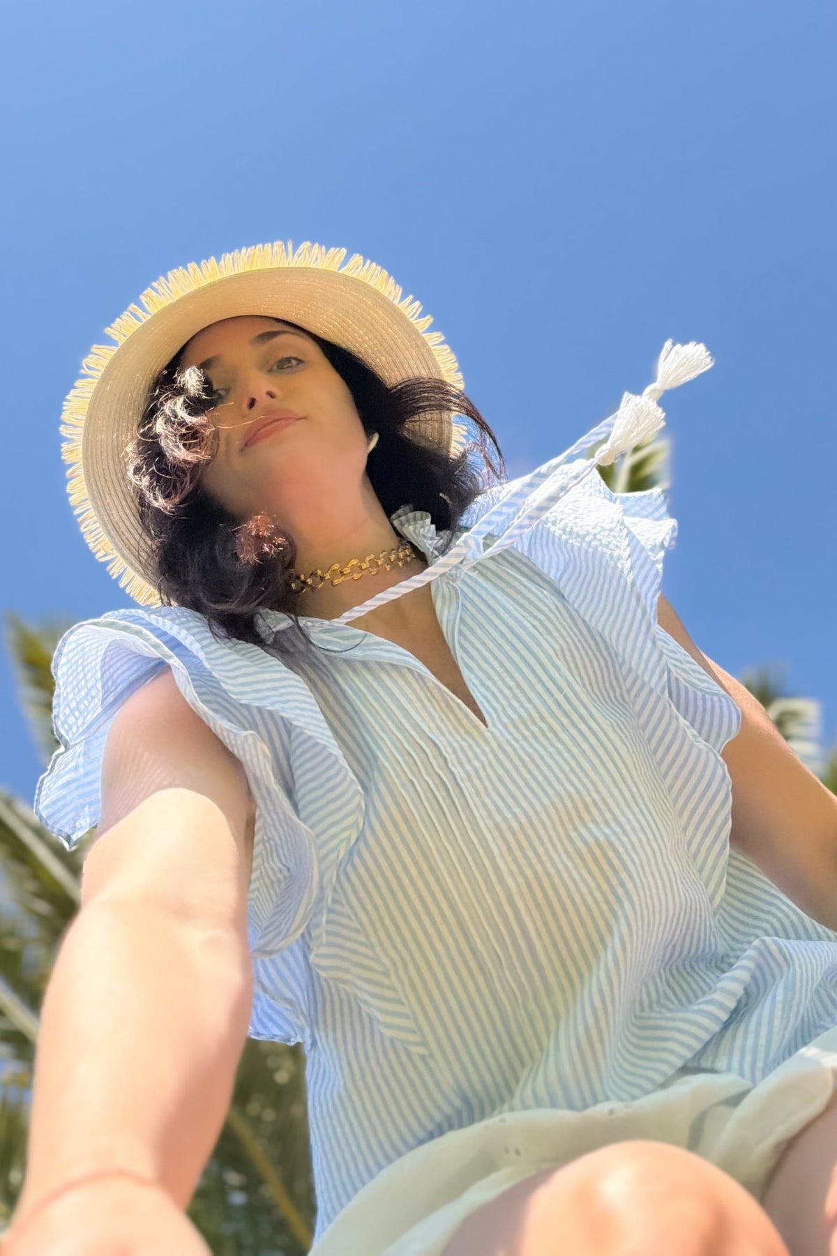 Blue Striped Ruffle Sleeve Cotton Top - Women's Shirts & Tops - Blooming Daily