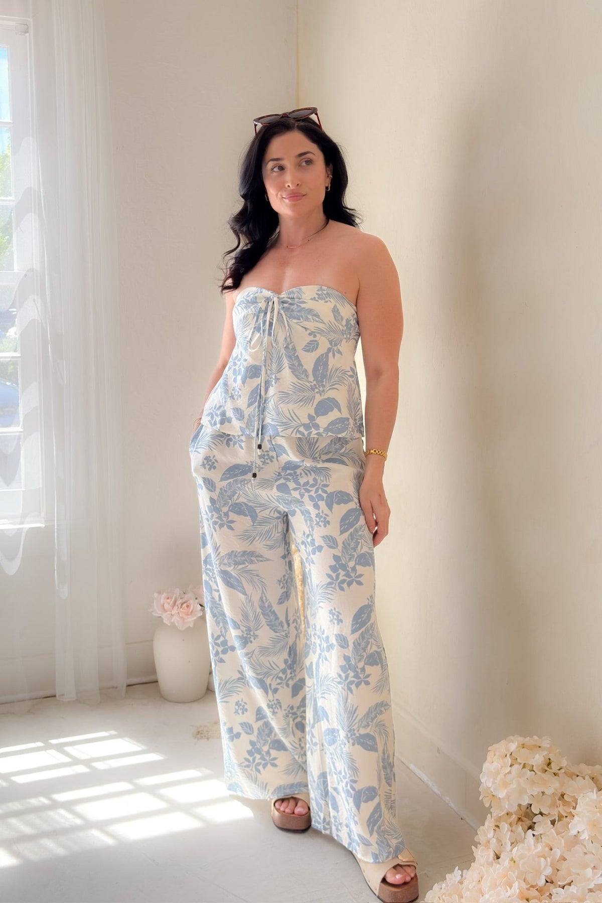 Blue Tropical Wide Leg Pants - Women's Pants - Blooming Daily
