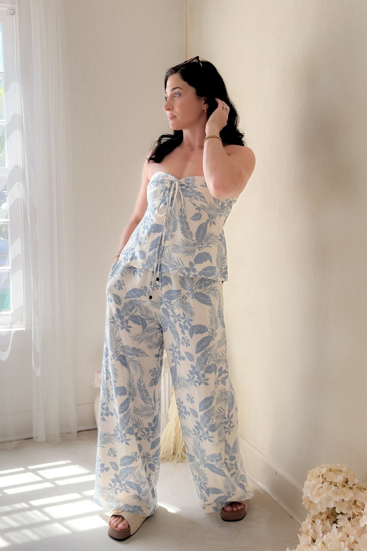 Blue Tropical Wide Leg Pants - Women's Pants - Blooming Daily