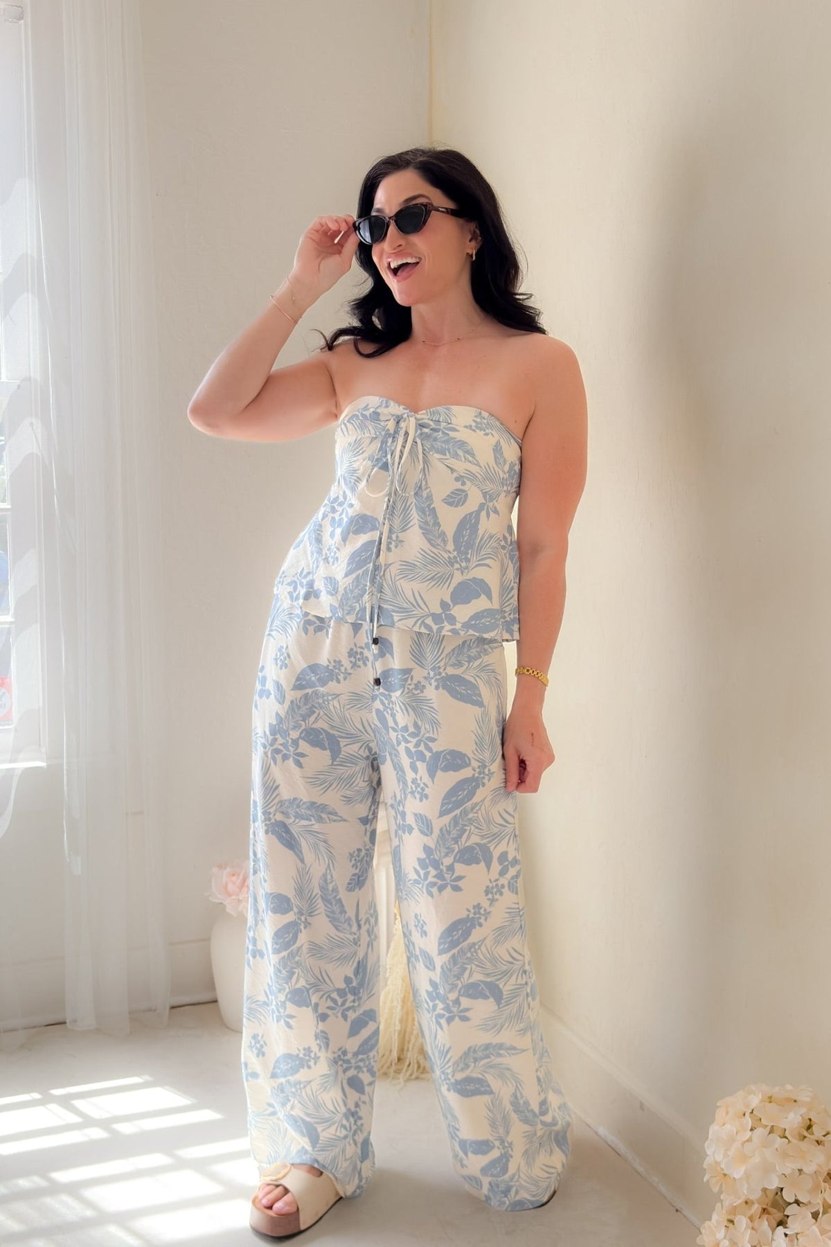 Blue Tropical Wide Leg Pants - Women's Pants - Blooming Daily
